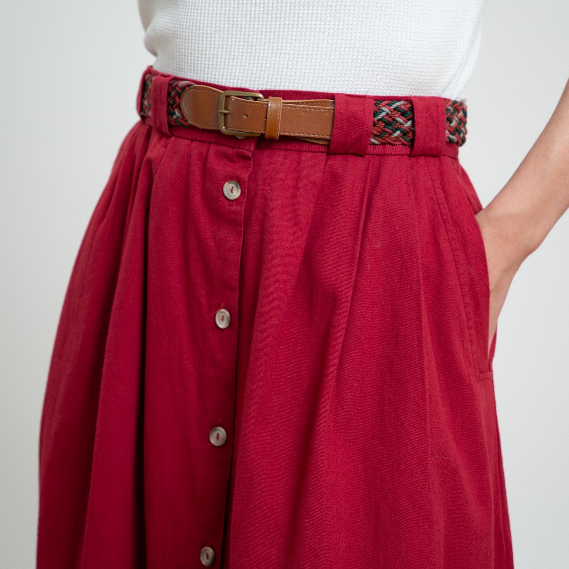 Vintage 80s Wine Red Woven Belt Midi Skirt - Large