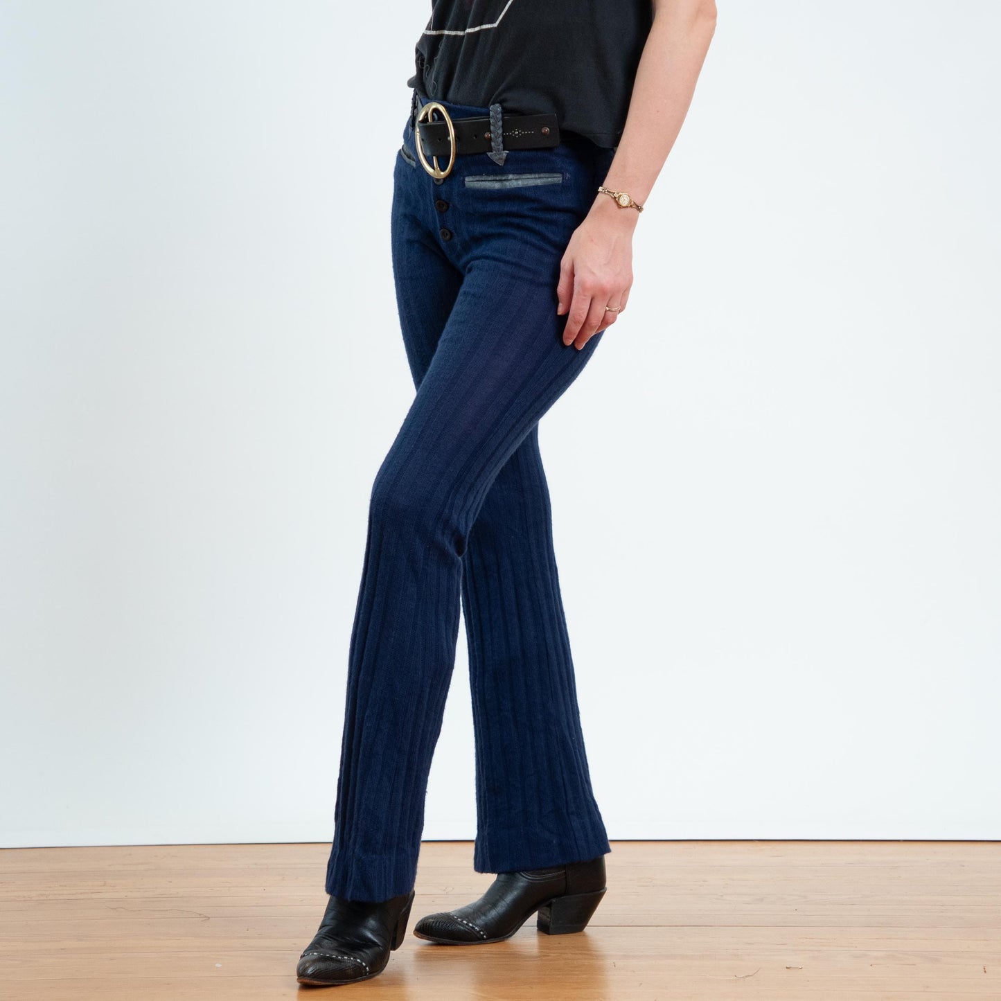 Vintage 70s Navy Knit Faux Leather Trim Flares - Small