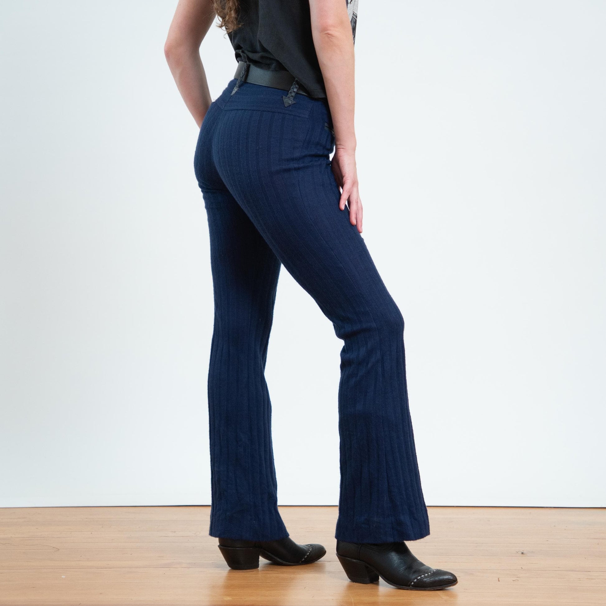 Vintage 70s Navy Knit Faux Leather Trim Flares - Small