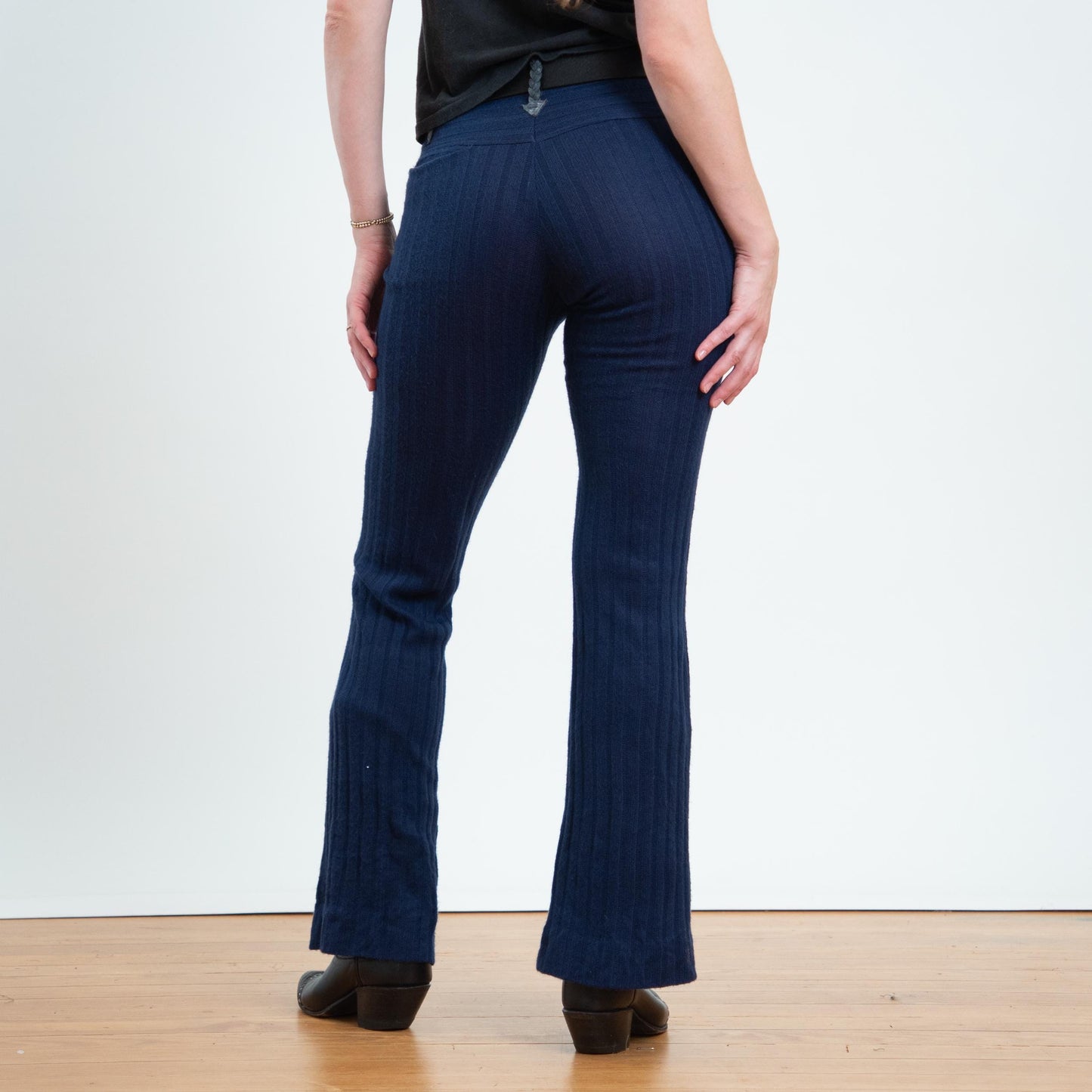 Vintage 70s Navy Knit Faux Leather Trim Flares - Small