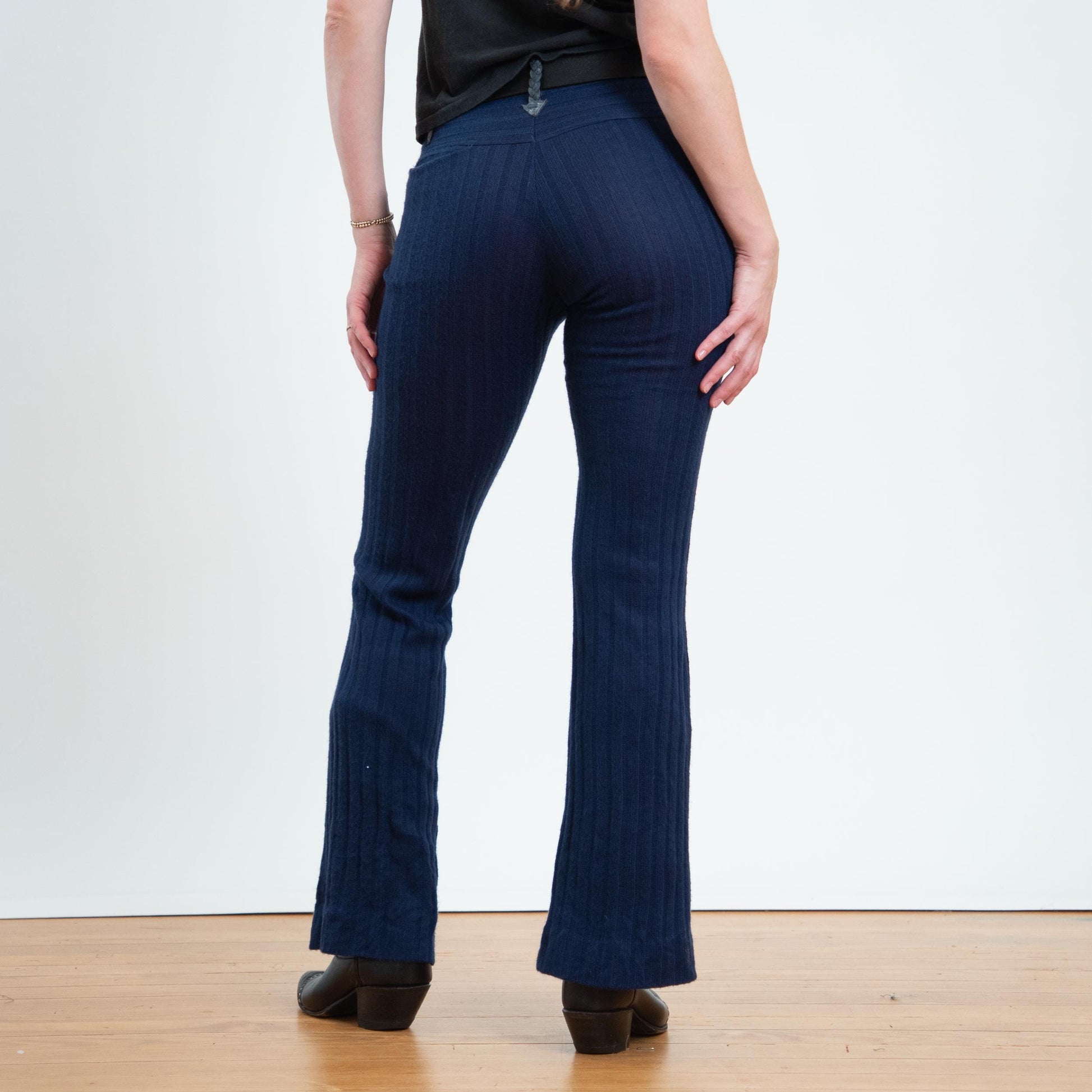 Vintage 70s Navy Knit Faux Leather Trim Flares - Small