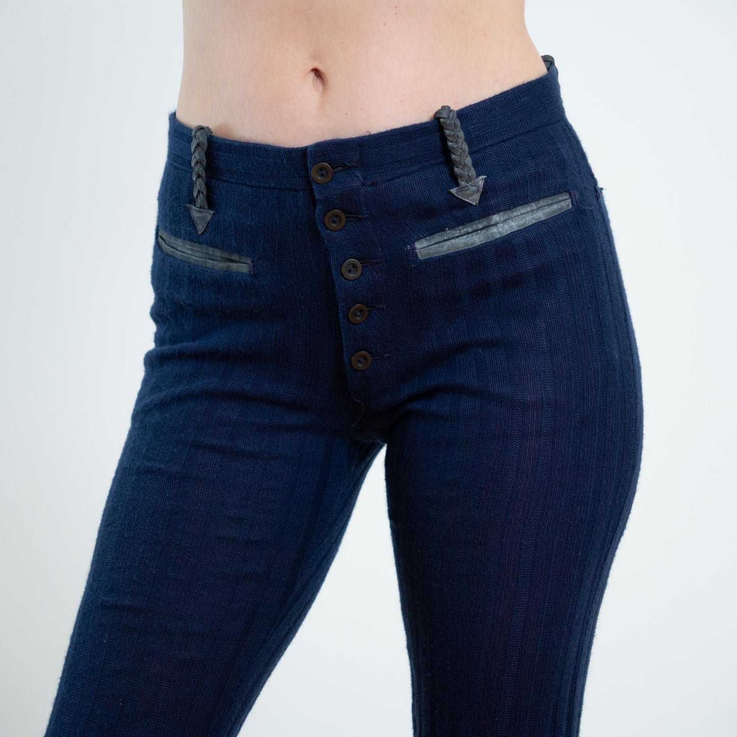Vintage 70s Navy Knit Faux Leather Trim Flares - Small