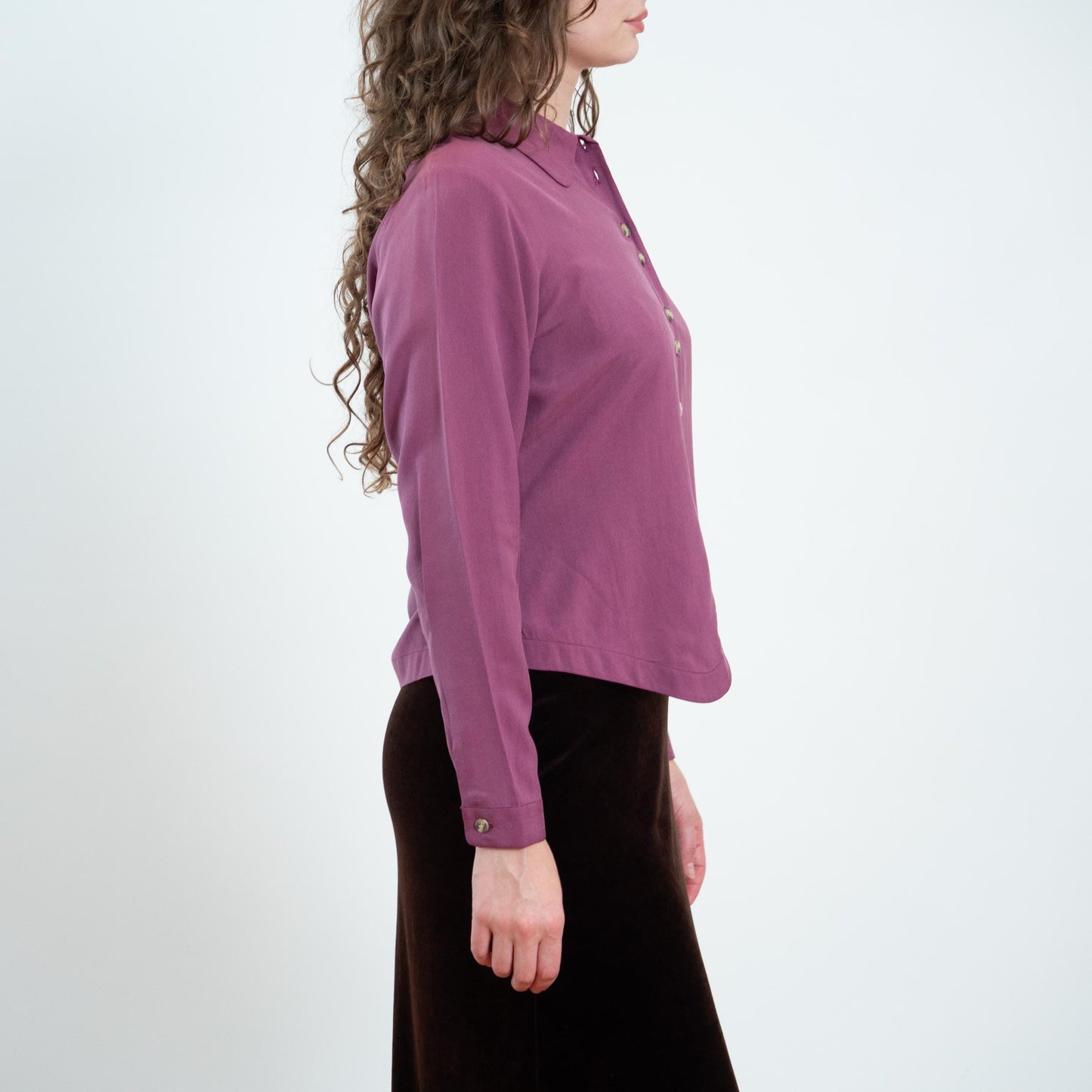 Vintage 90s Mauve Purple Silk Double Button Blouse - Small