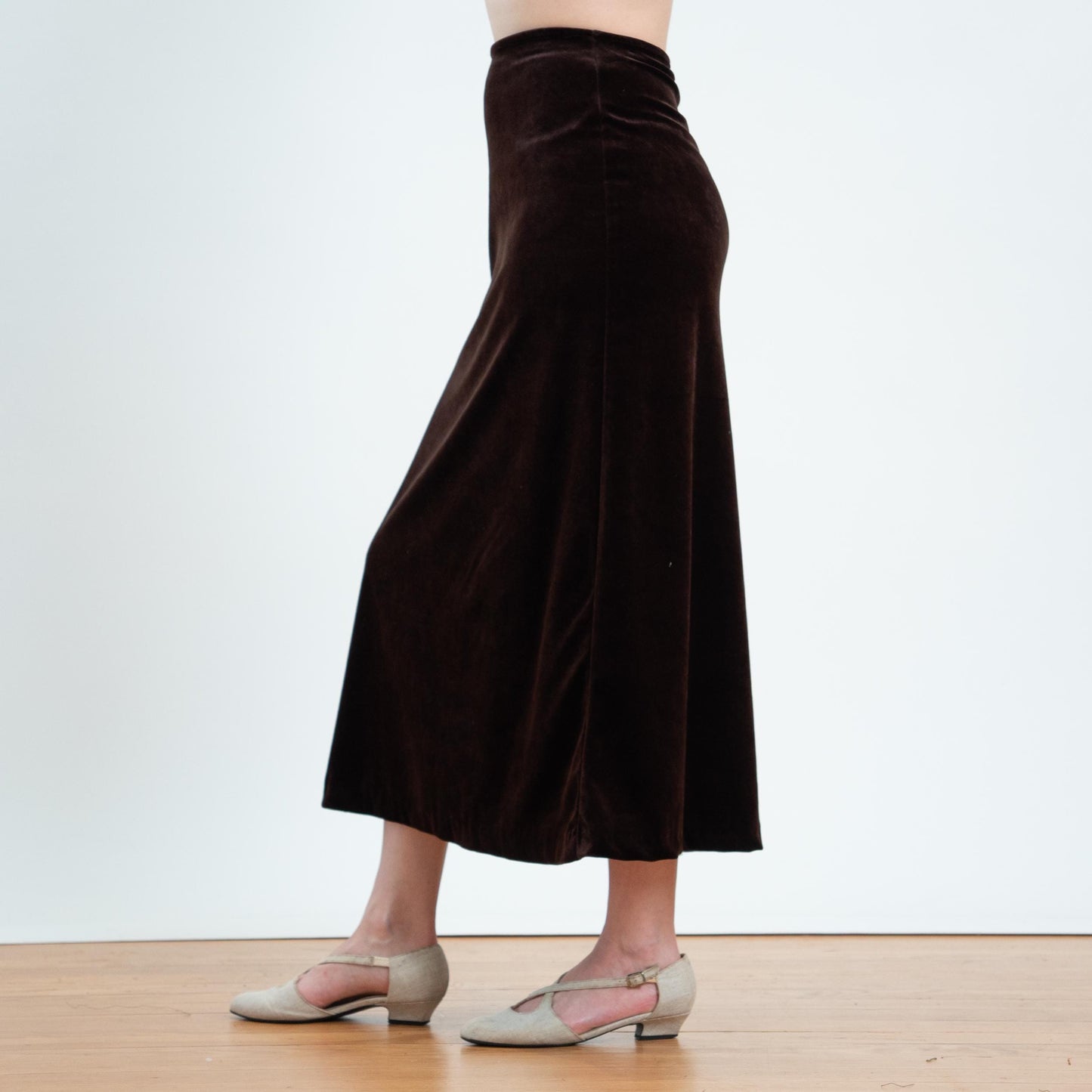 Vintage 90s Dark Brown Velvet Maxi Skirt - Small