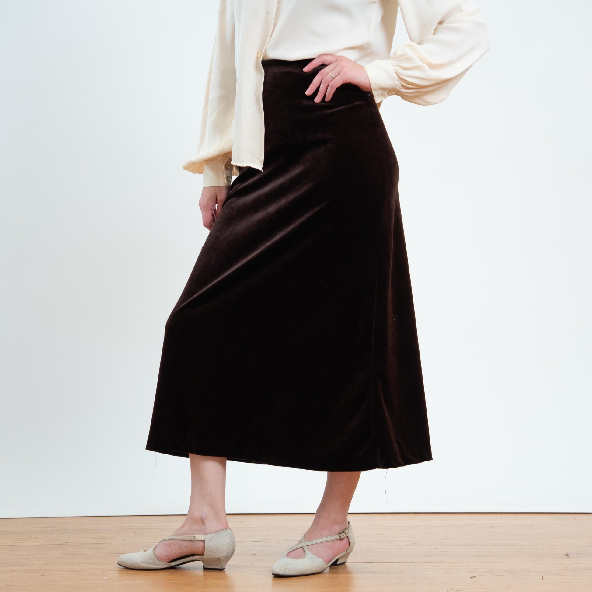 Vintage 90s Dark Brown Velvet Maxi Skirt - Small