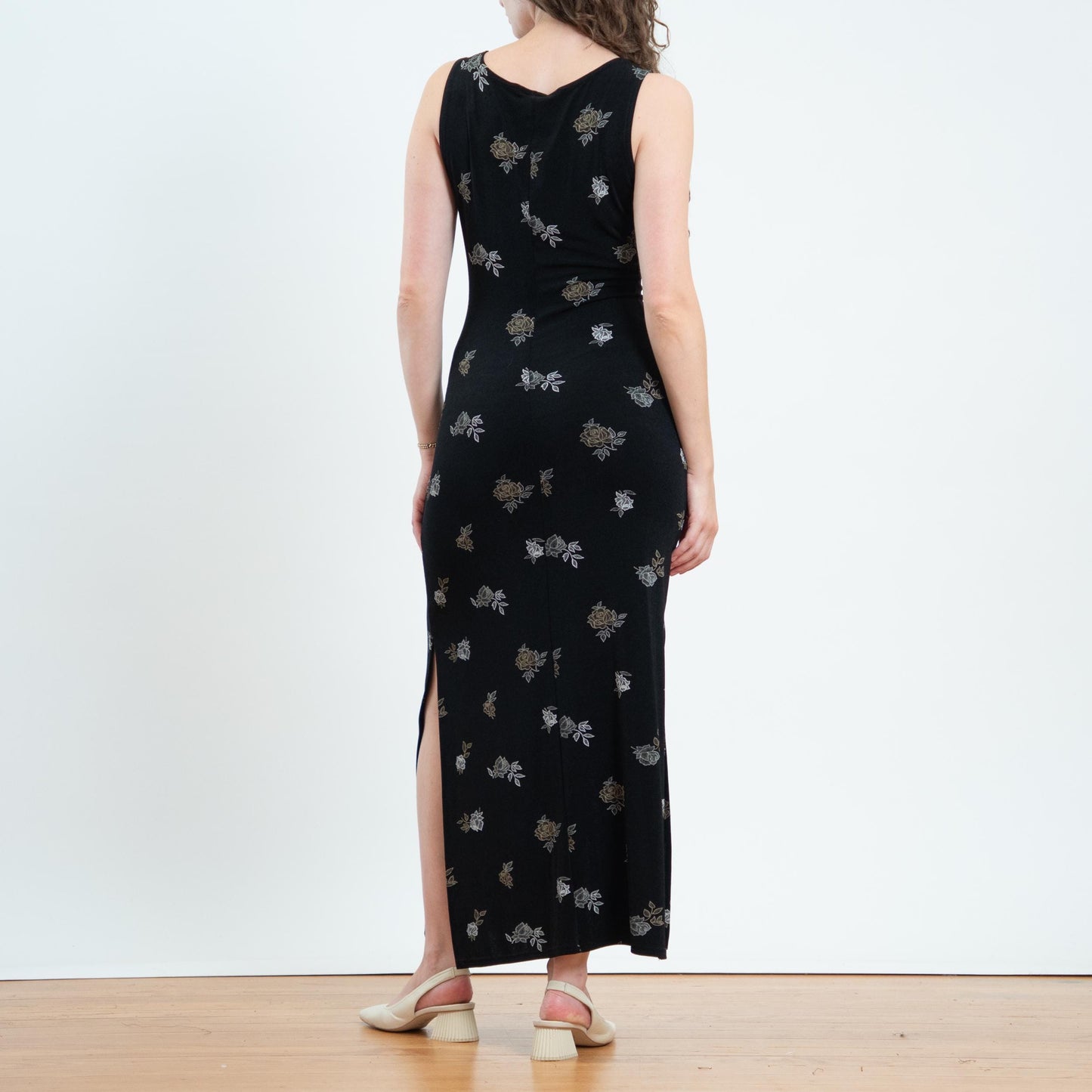 Vintage 90s Black Floral Slinky Maxi Tank Dress - Medium