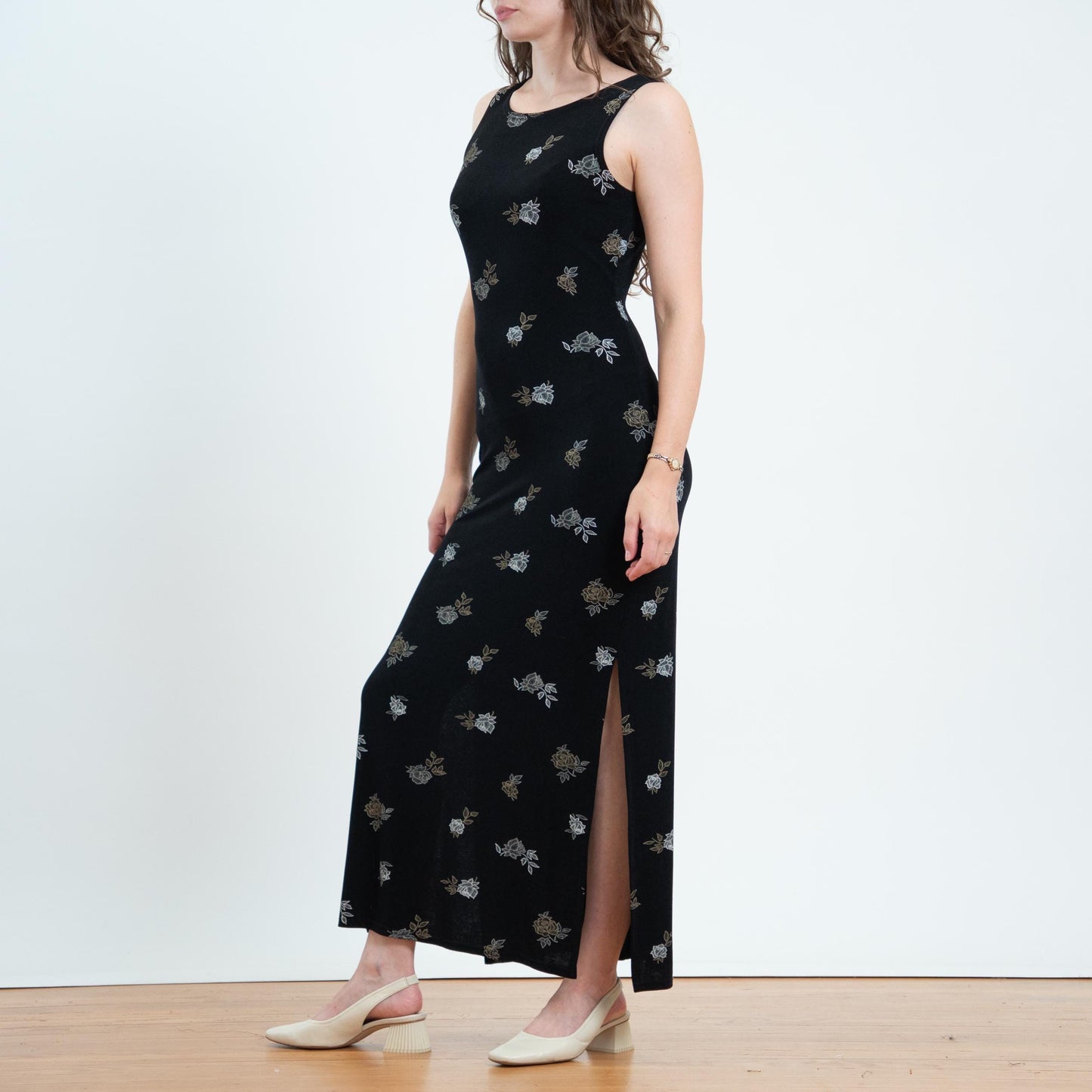 Vintage 90s Black Floral Slinky Maxi Tank Dress - Medium