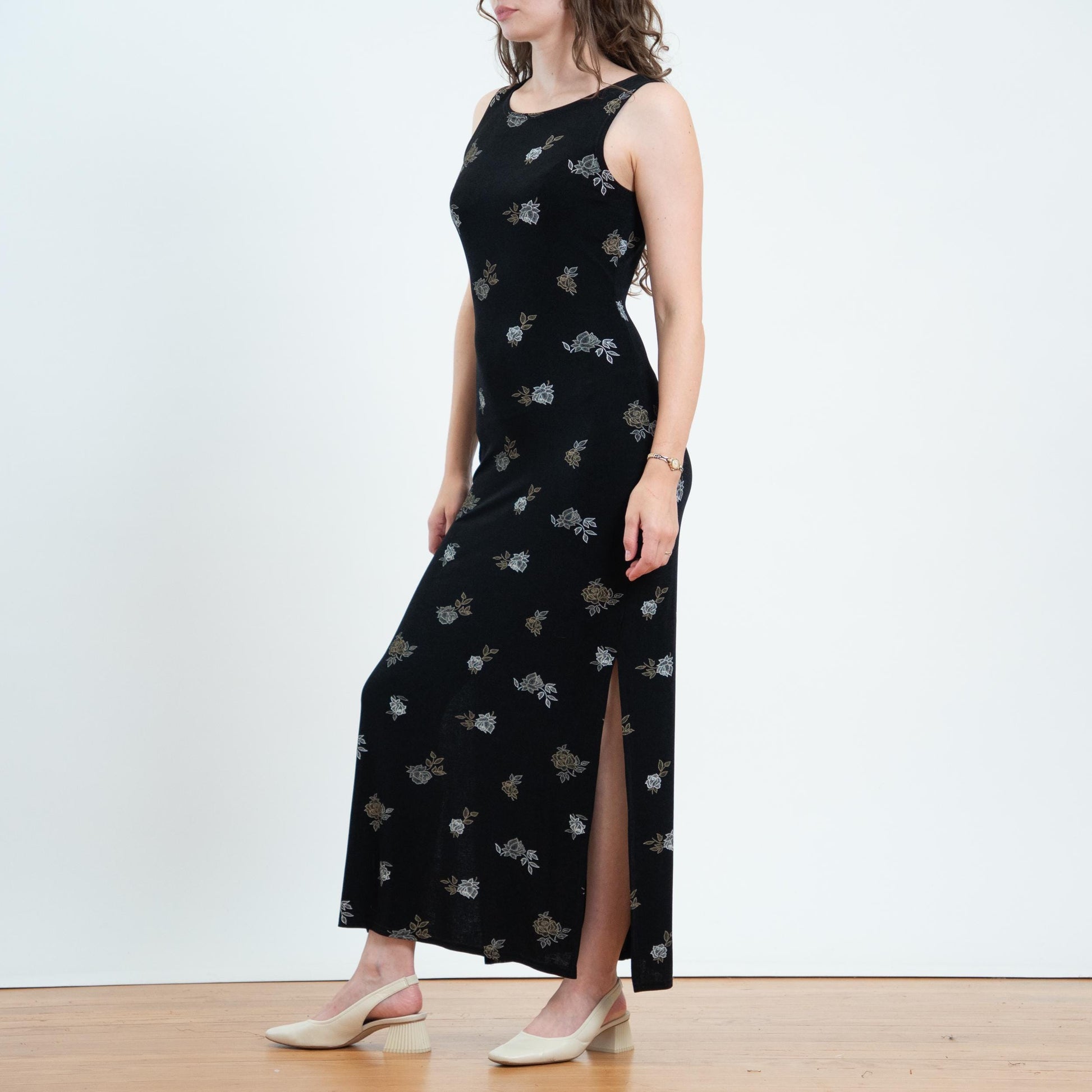 Vintage 90s Black Floral Slinky Maxi Tank Dress - Medium