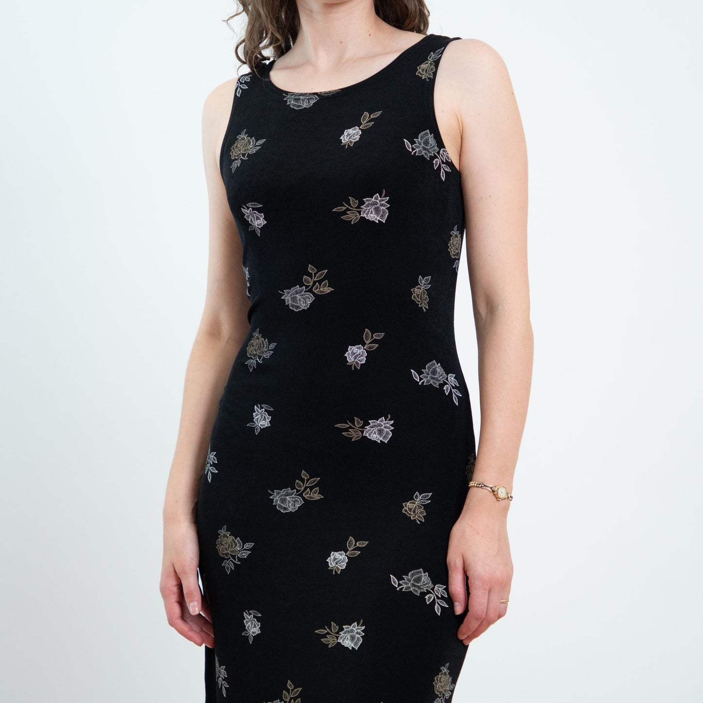 Vintage 90s Black Floral Slinky Maxi Tank Dress - Medium