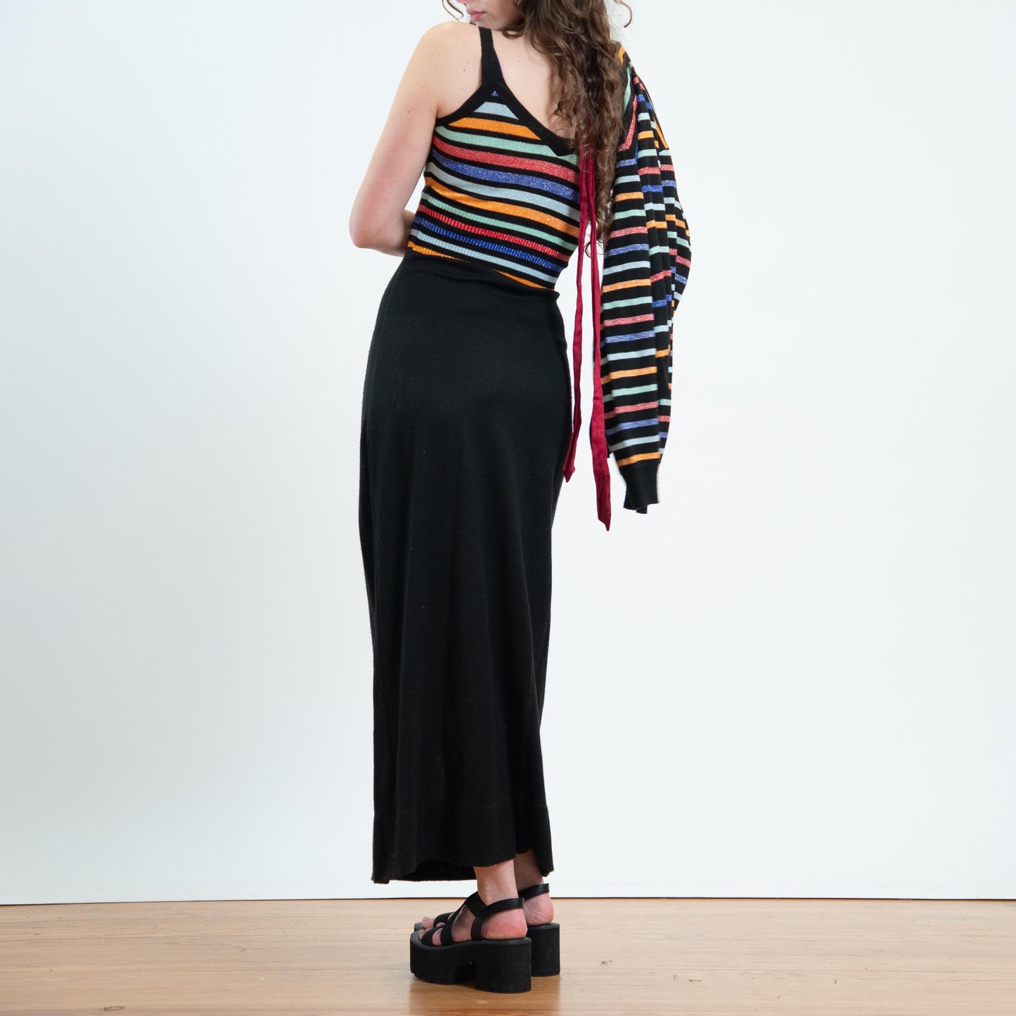 Vintage 70s Lurex Striped Knit Maxi Dress & Cardigan Set - Small | Black Jewel Tone Stripe Matching Two Piece Outfit
