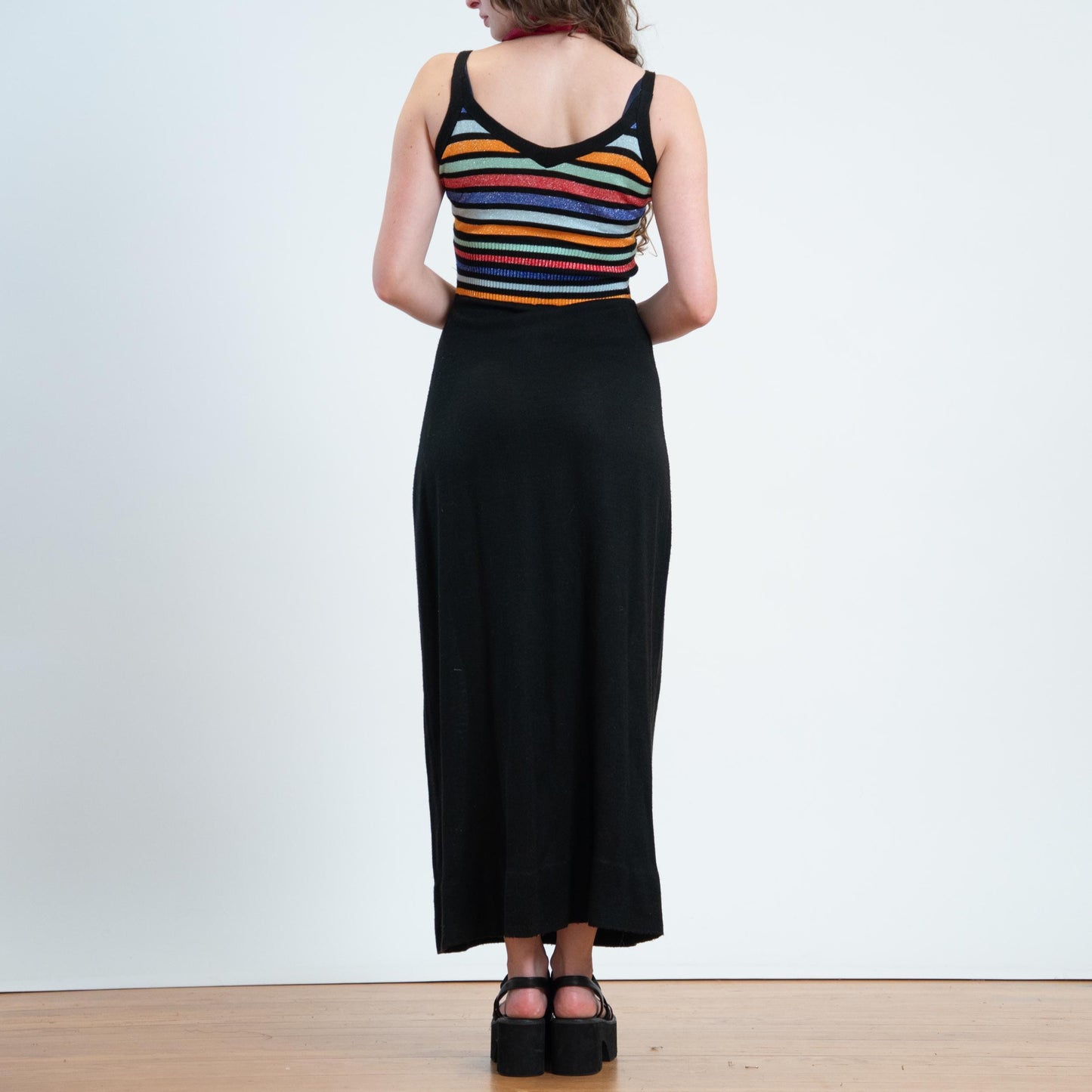 Vintage 70s Lurex Striped Knit Maxi Dress & Cardigan Set - Small | Black Jewel Tone Stripe Matching Two Piece Outfit