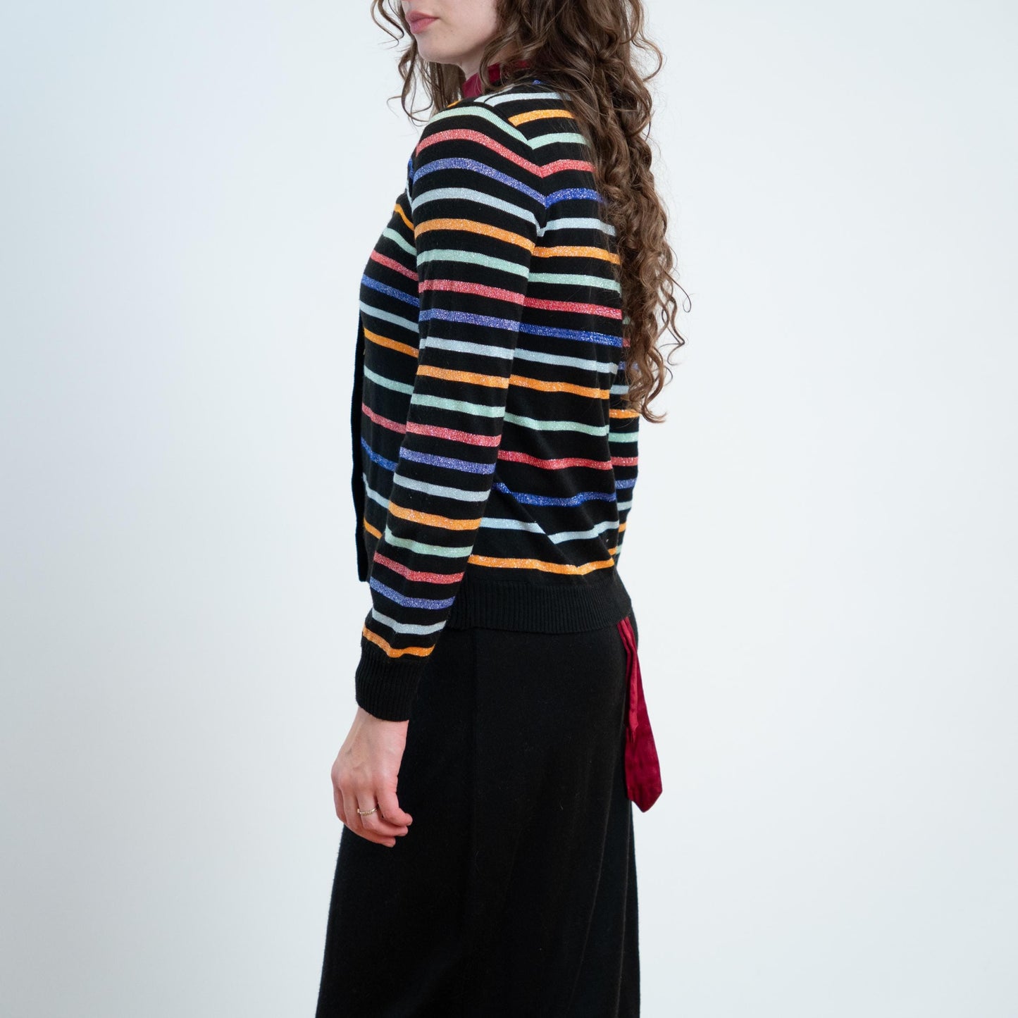 Vintage 70s Lurex Striped Knit Maxi Dress & Cardigan Set - Small | Black Jewel Tone Stripe Matching Two Piece Outfit