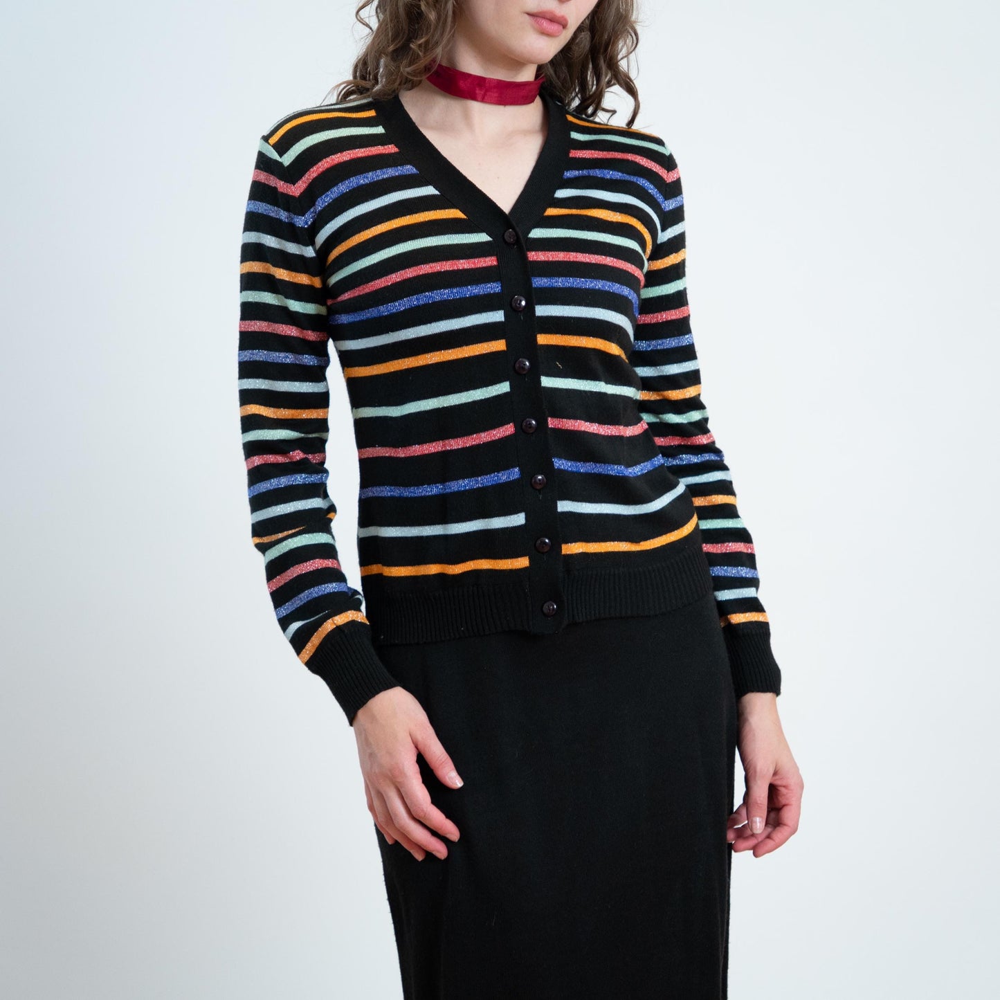 Vintage 70s Lurex Striped Knit Maxi Dress & Cardigan Set - Small | Black Jewel Tone Stripe Matching Two Piece Outfit
