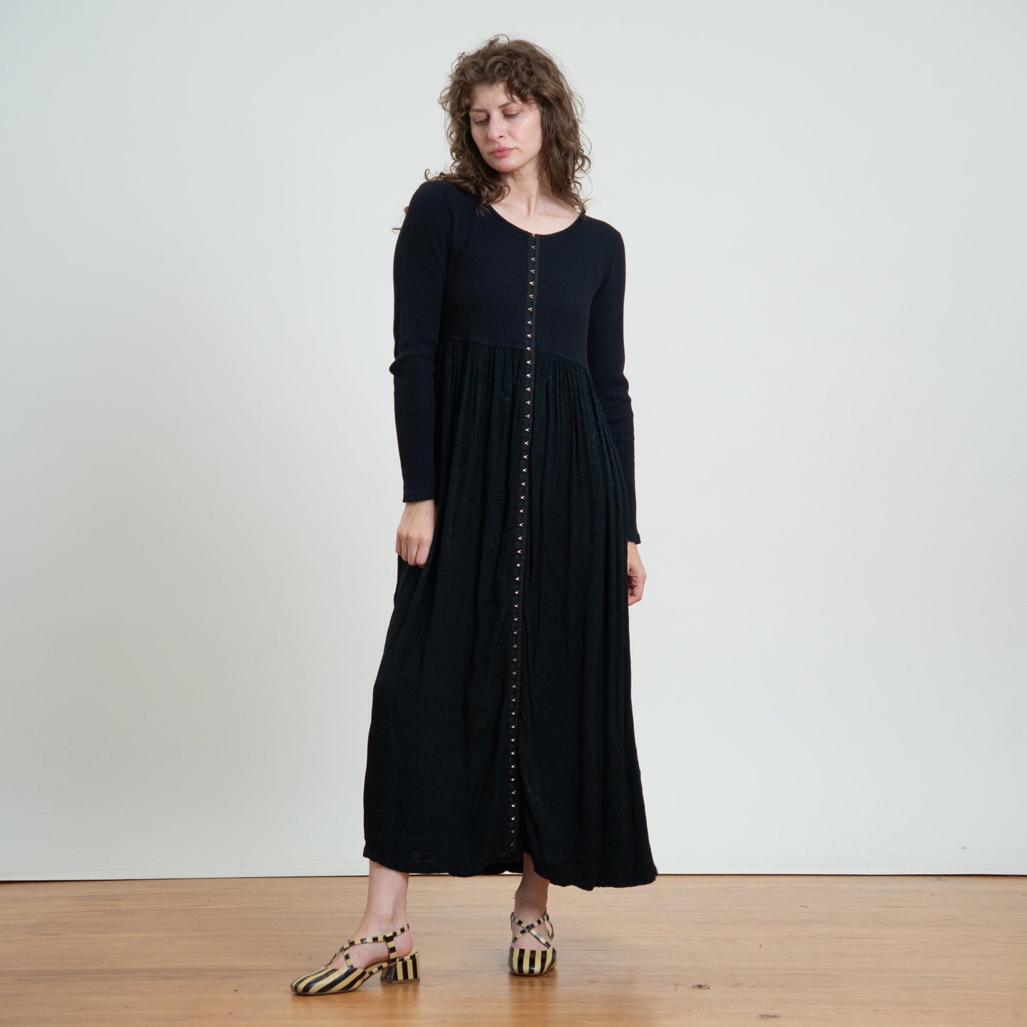 Vintage 90s Witchy Black Hook & Eye Maxi Dress - Large