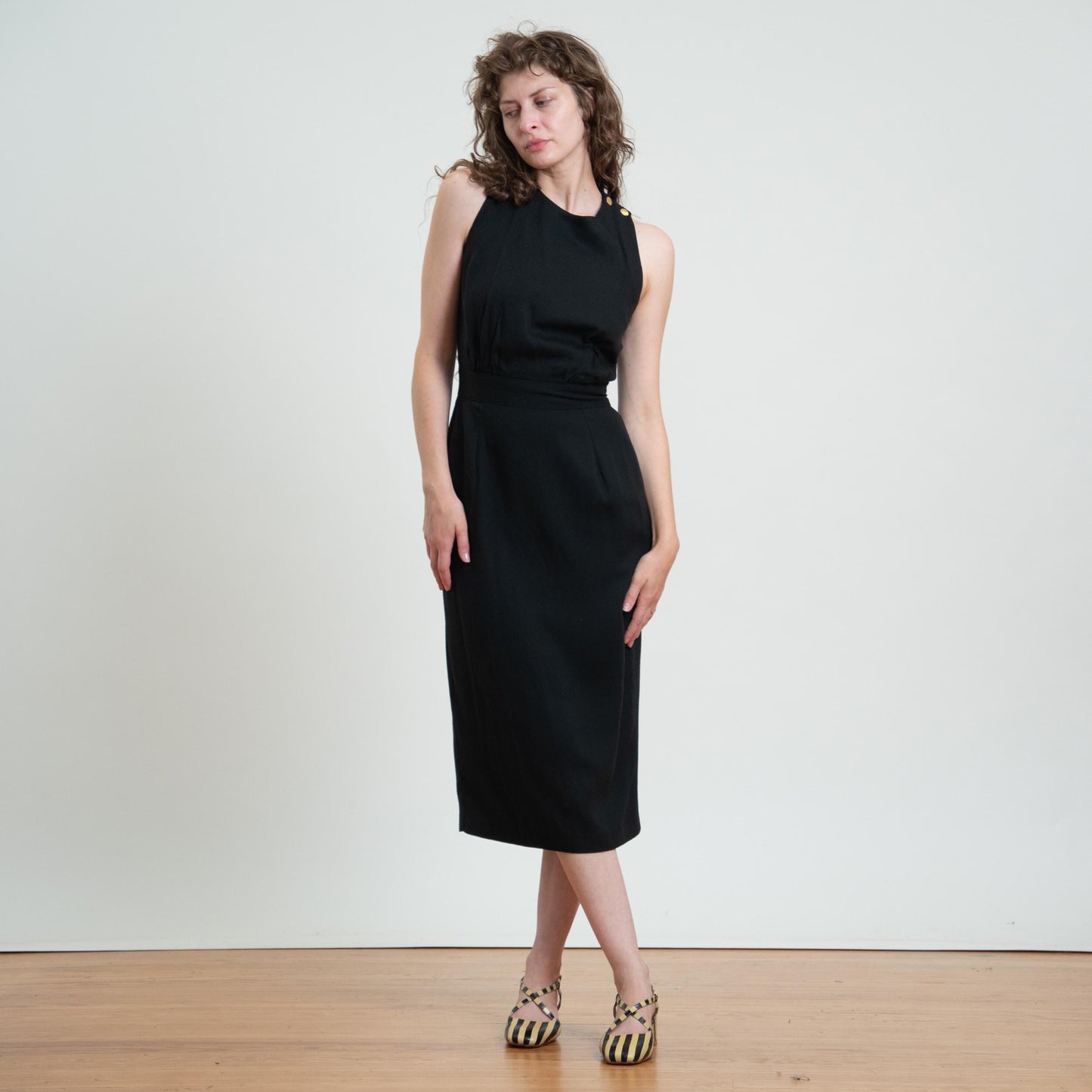 Vintage 80s Black Cross Back Midi Cocktail Dress - Medium