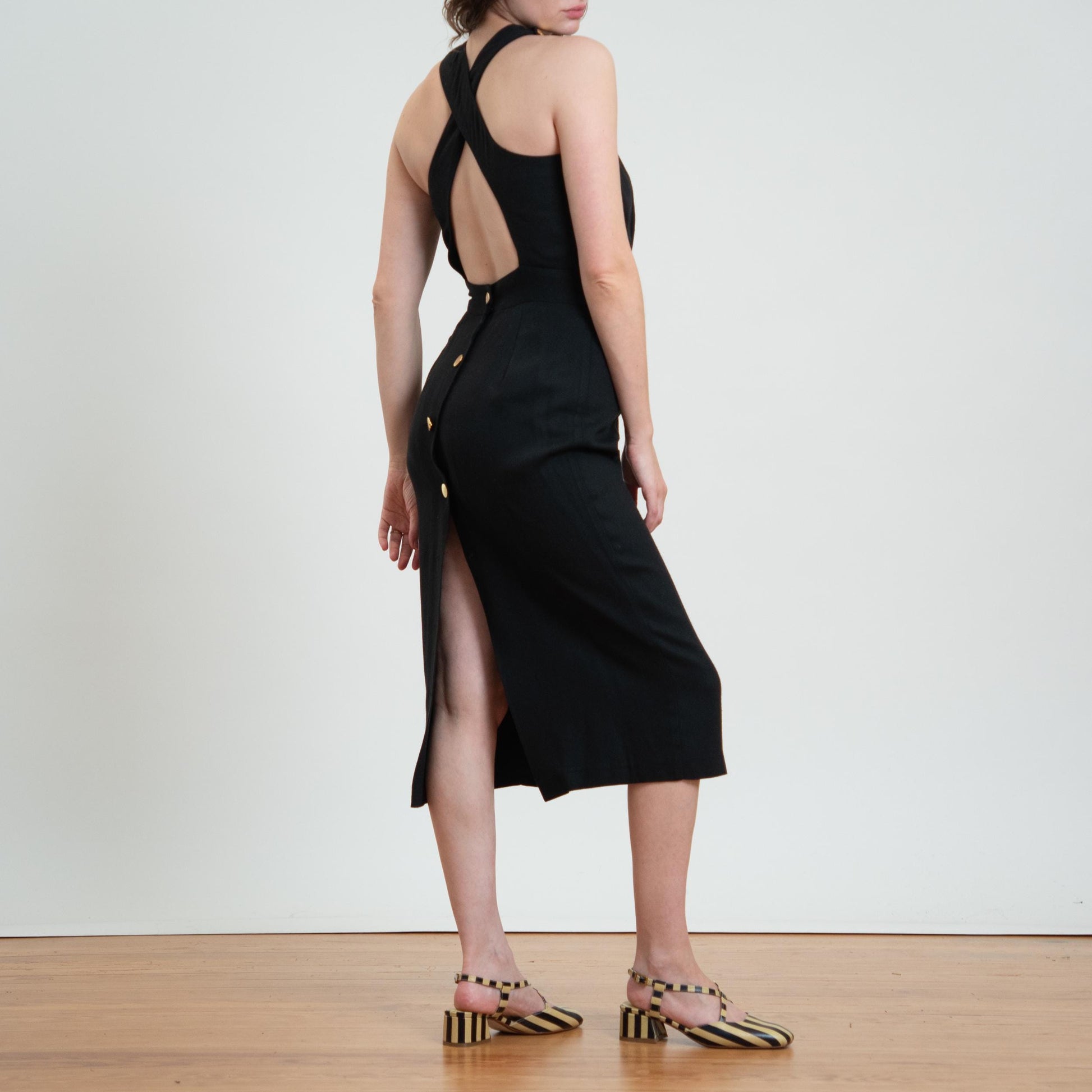 Vintage 80s Black Cross Back Midi Cocktail Dress - Medium
