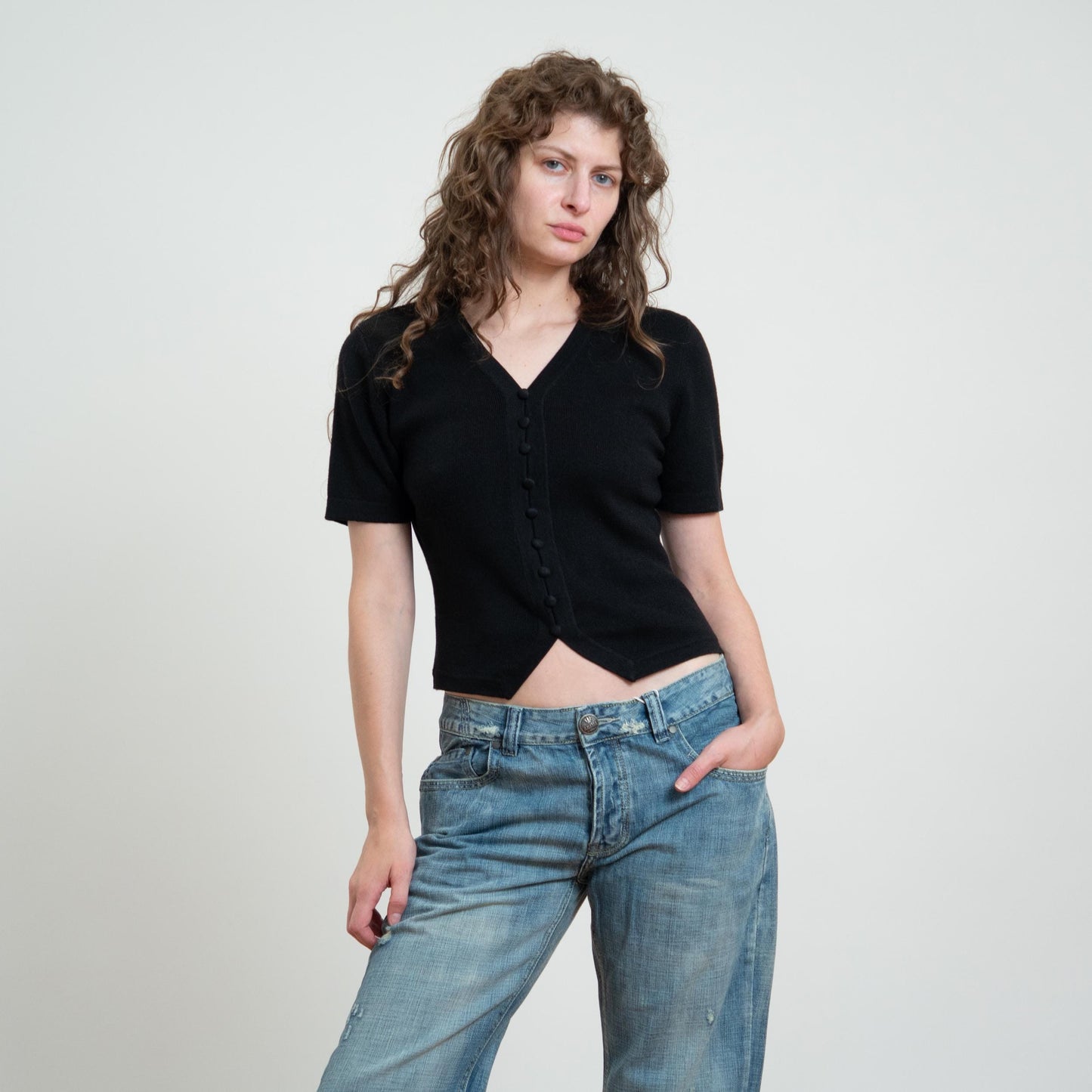 Vintage 90s Black Knit Waistcoat Hem Top - Small