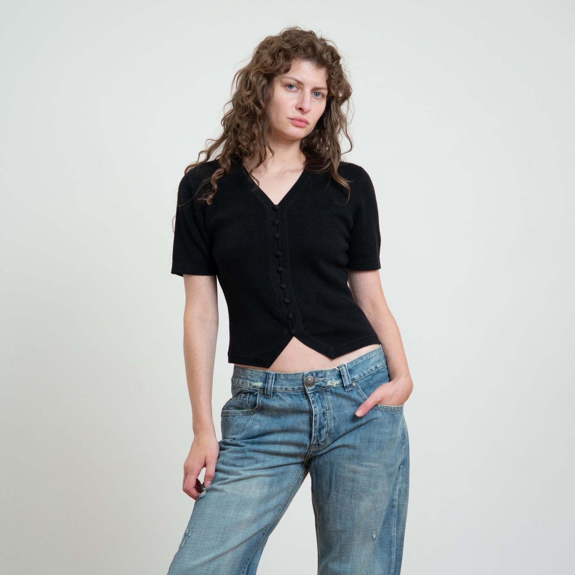 Vintage 90s Black Knit Waistcoat Hem Top - Small