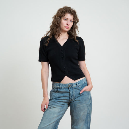 Vintage 90s Black Knit Waistcoat Hem Top - Small