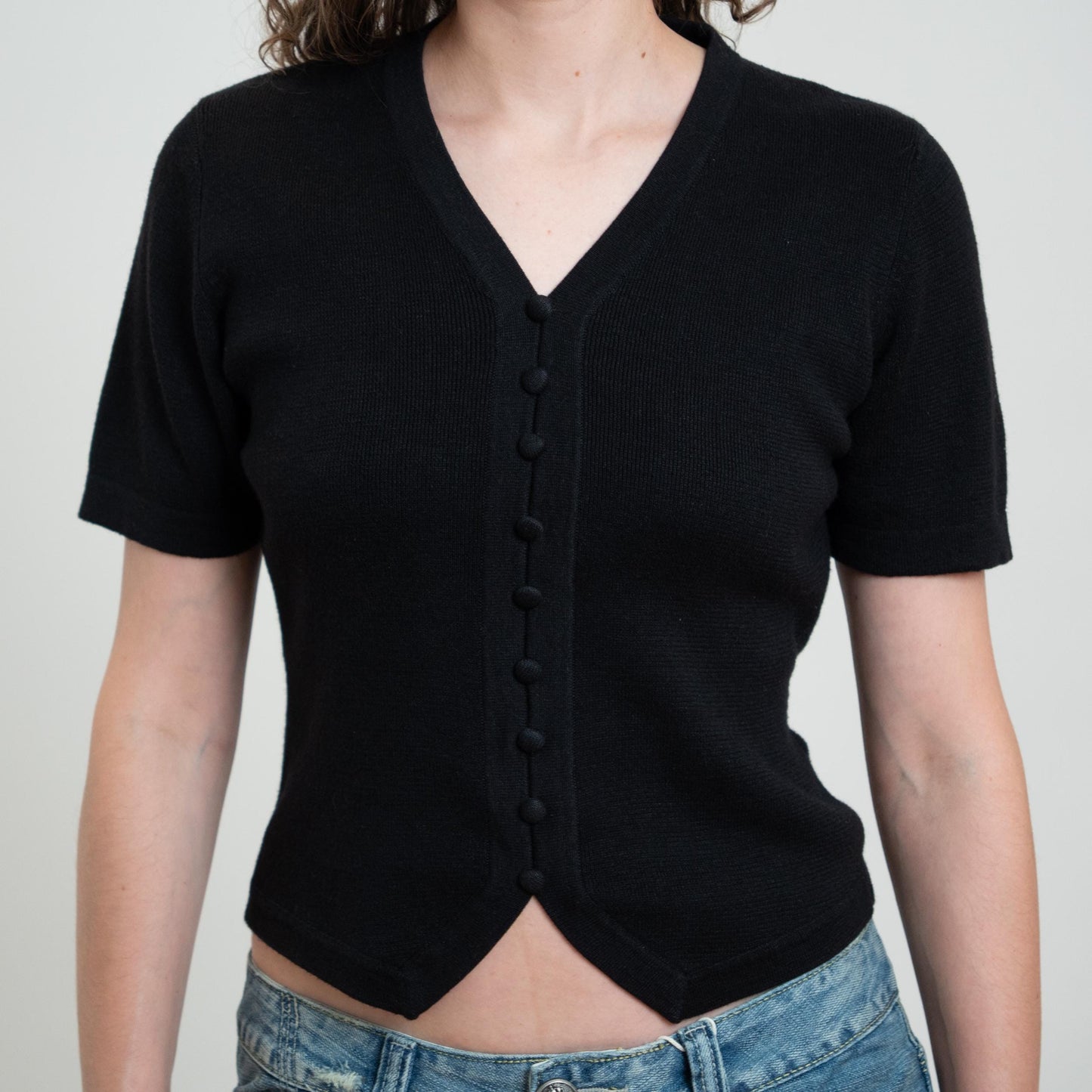 Vintage 90s Black Knit Waistcoat Hem Top - Small