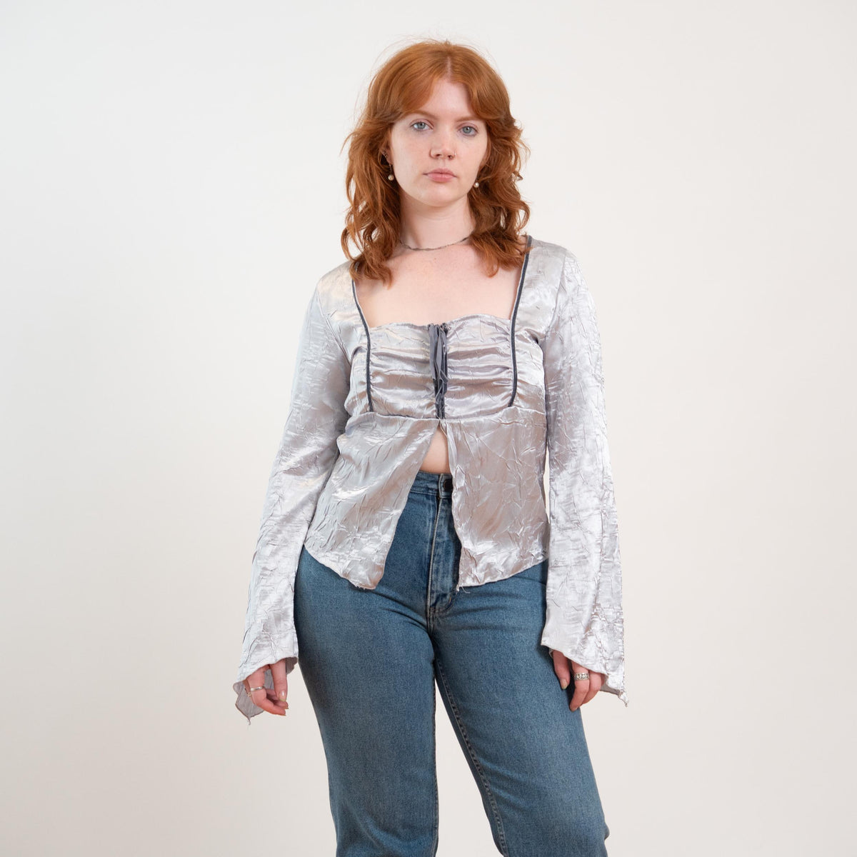 Vintage Y2K Silver Satin Angel Sleeve Fairy Top - Medium | Boho Whimsigoth Corset Blouse