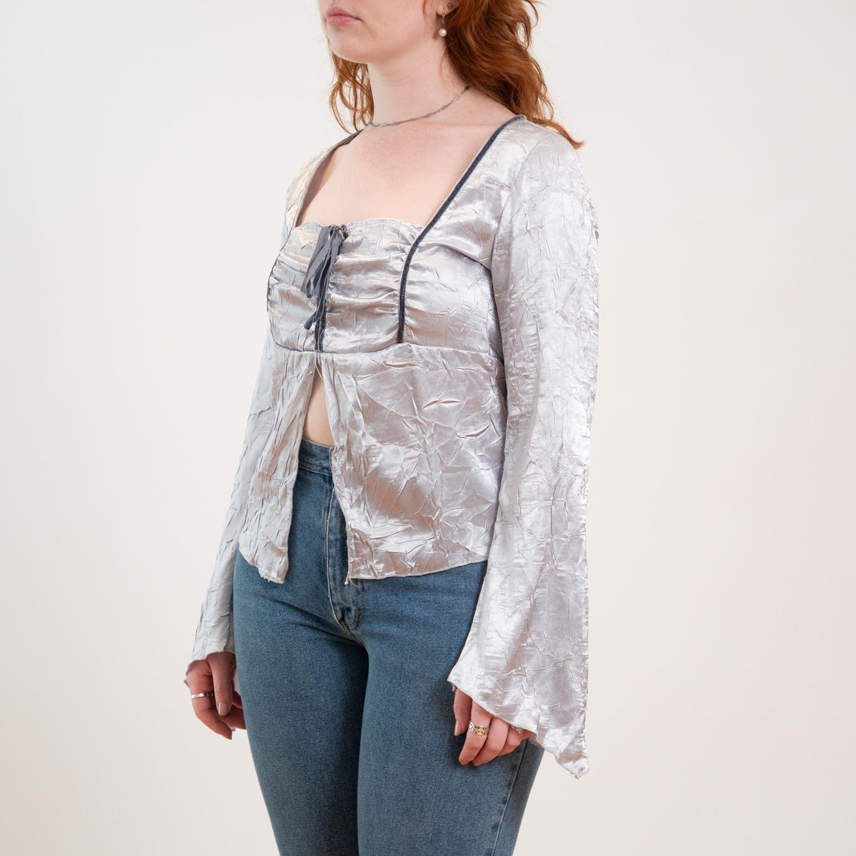 Vintage Y2K Silver Satin Angel Sleeve Fairy Top - Medium | Boho Whimsigoth Corset Blouse