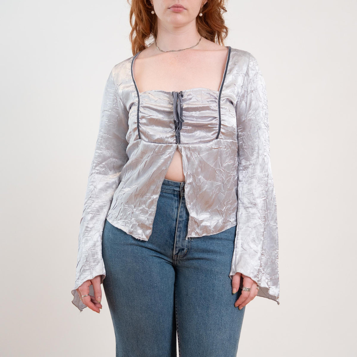 Vintage Y2K Silver Satin Angel Sleeve Fairy Top - Medium | Boho Whimsigoth Corset Blouse