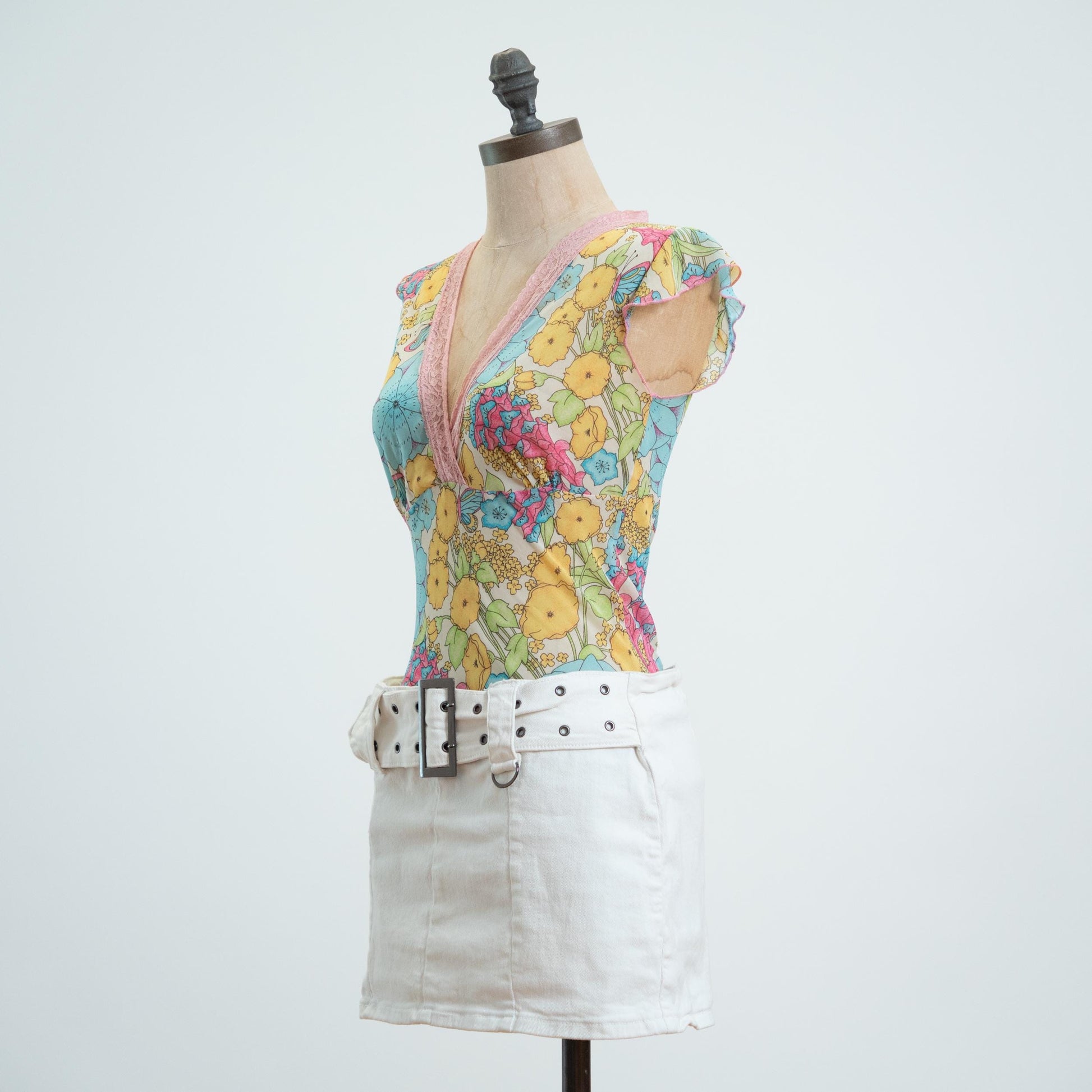Vintage Y2K Sheer Floral & Butterfly Print Top - Small