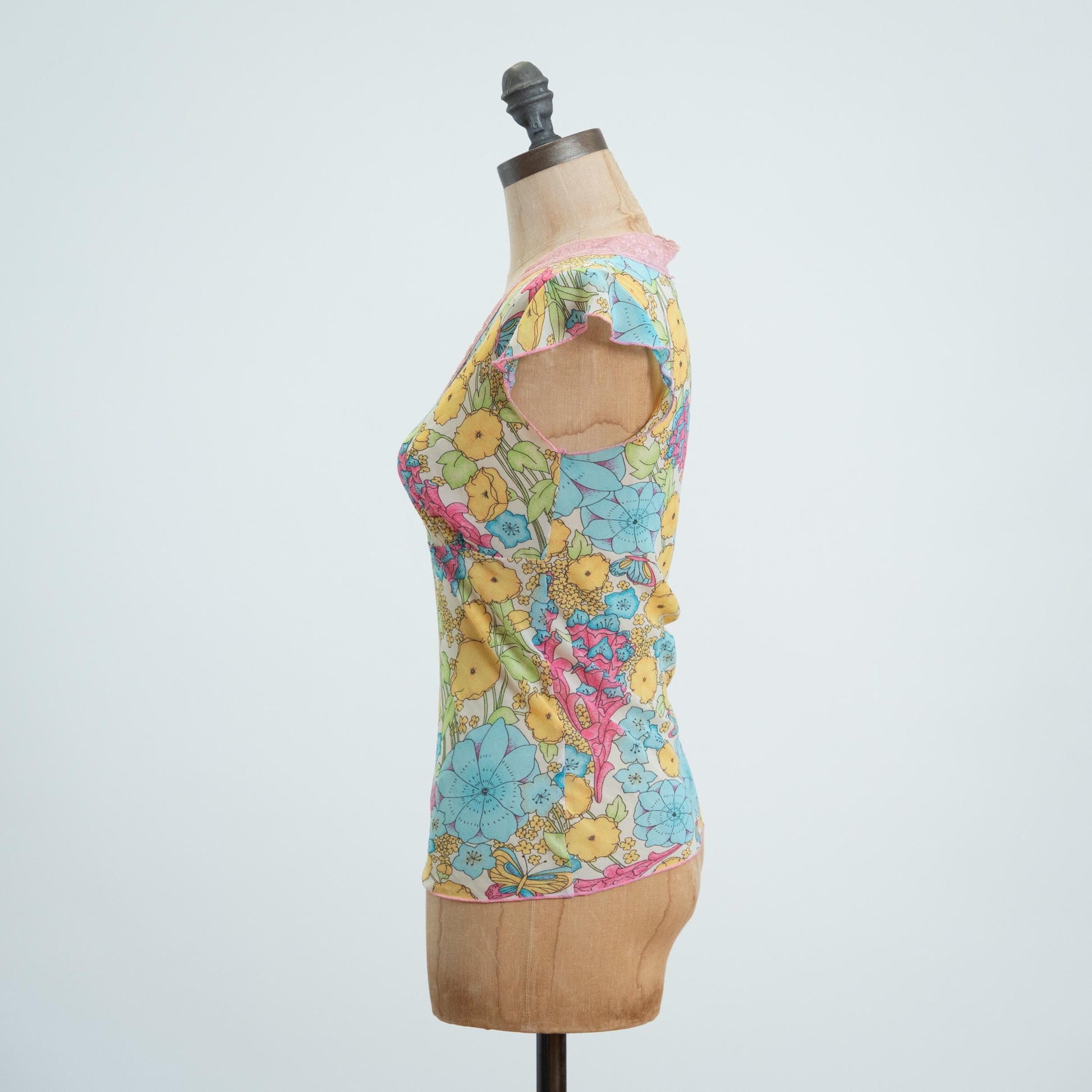 Vintage Y2K Sheer Floral & Butterfly Print Top - Small