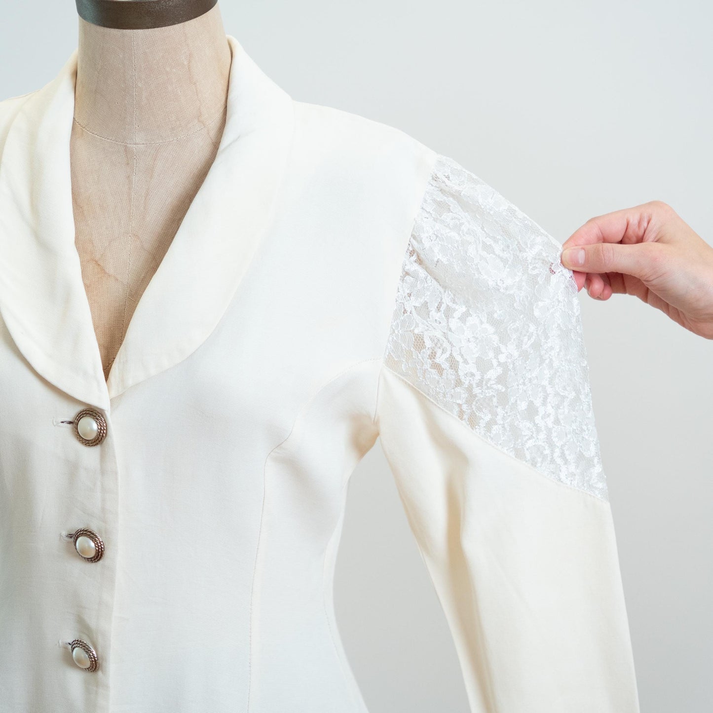Vintage 80s Ivory Lace Panel High-Low Hem Blouse - Small