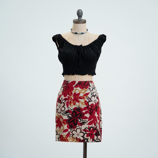 Vintage 90s Tropical Floral Linen Blend Mini Skirt - Small, 27" Waist 