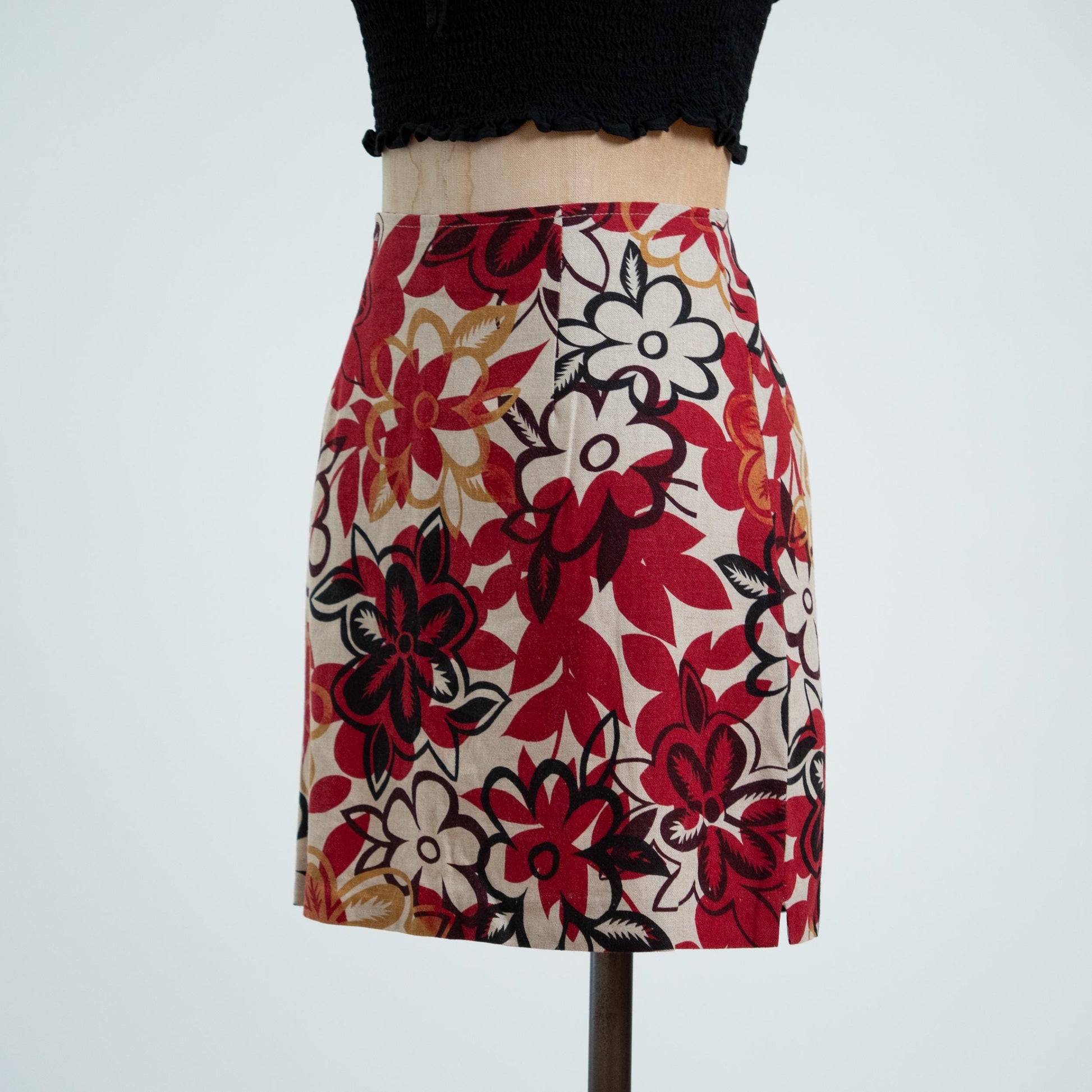 Vintage 90s Tropical Floral Linen Blend Mini Skirt - Small, 27" Waist 