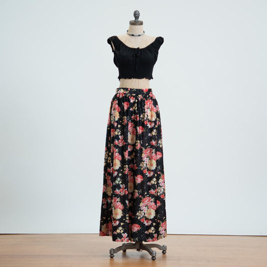 Vintage 70s Black Rose Floral Metallic Maxi Skirt - Medium