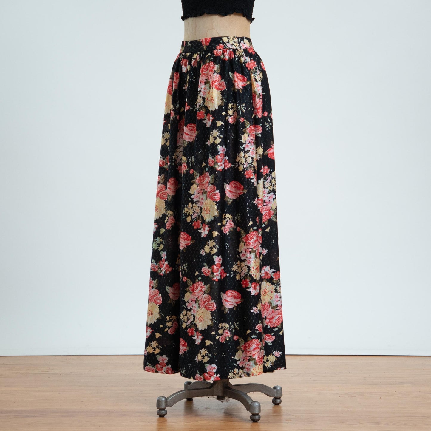 Vintage 70s Black Rose Floral Metallic Maxi Skirt - Medium