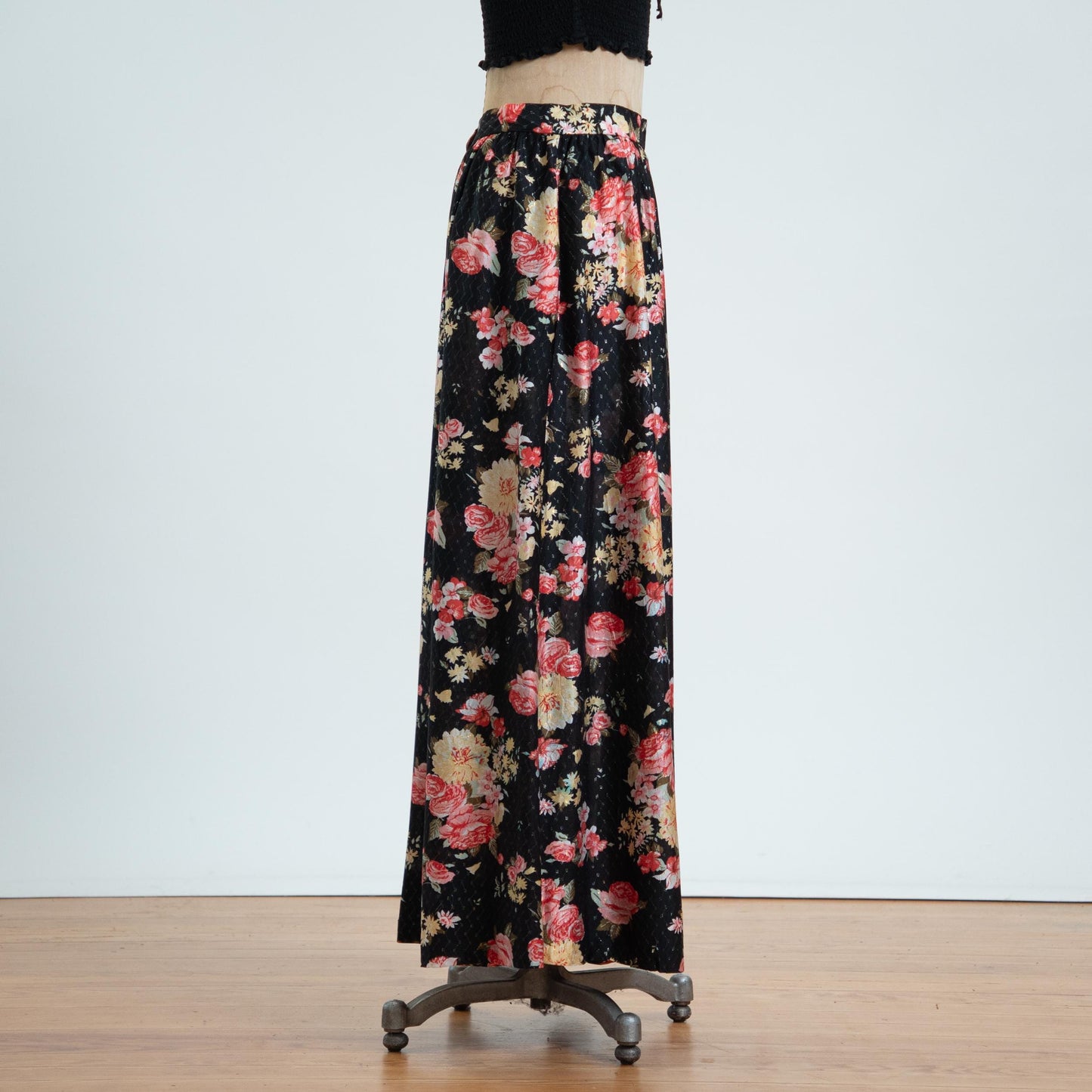 Vintage 70s Black Rose Floral Metallic Maxi Skirt - Medium