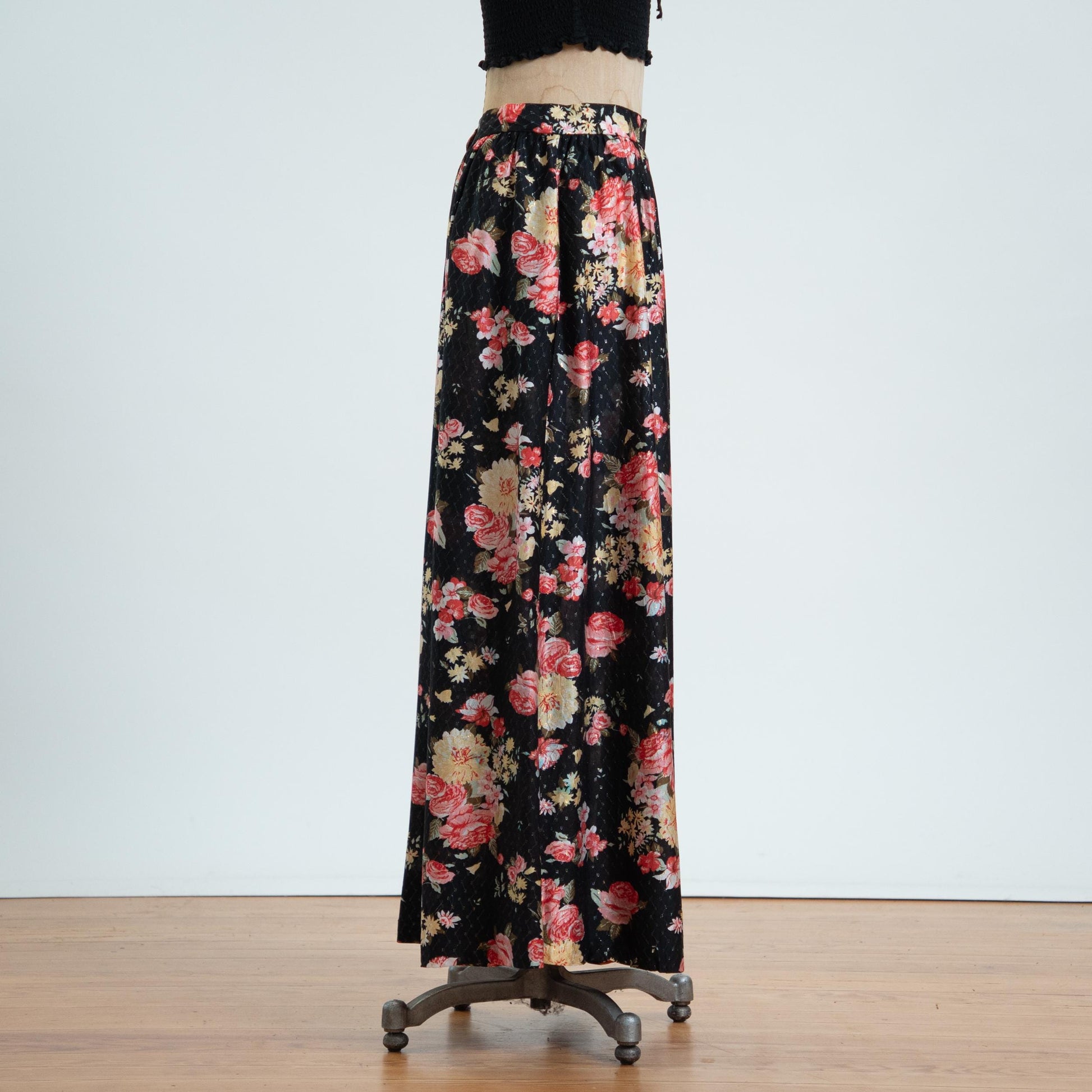 Vintage 70s Black Rose Floral Metallic Maxi Skirt - Medium