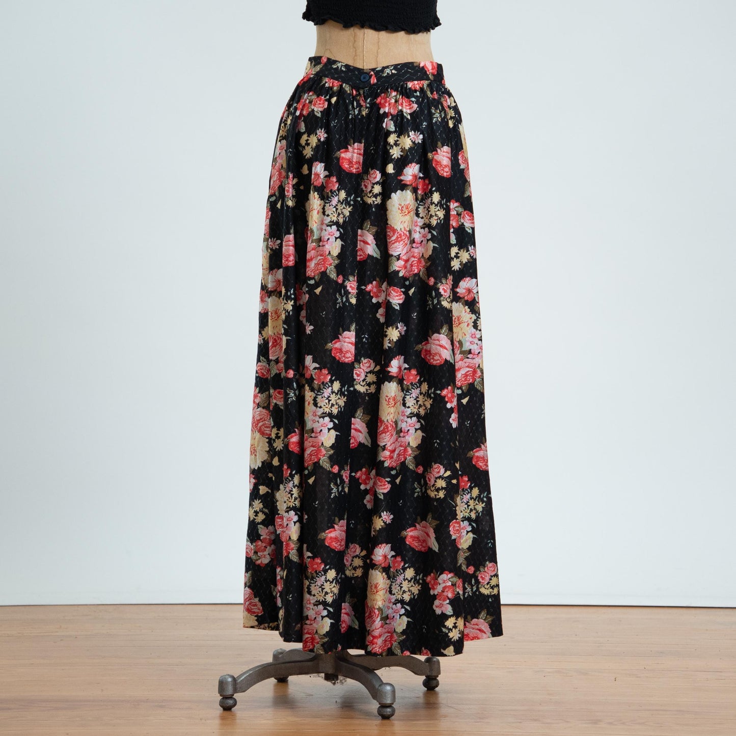 Vintage 70s Black Rose Floral Metallic Maxi Skirt - Medium