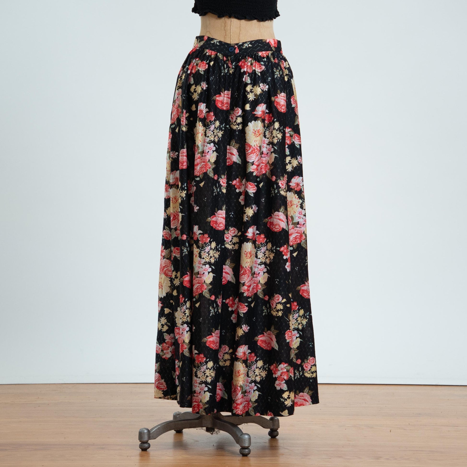 Vintage 70s Black Rose Floral Metallic Maxi Skirt - Medium