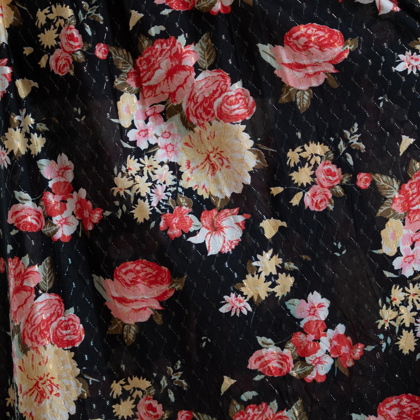 Vintage 70s Black Rose Floral Metallic Maxi Skirt - Medium