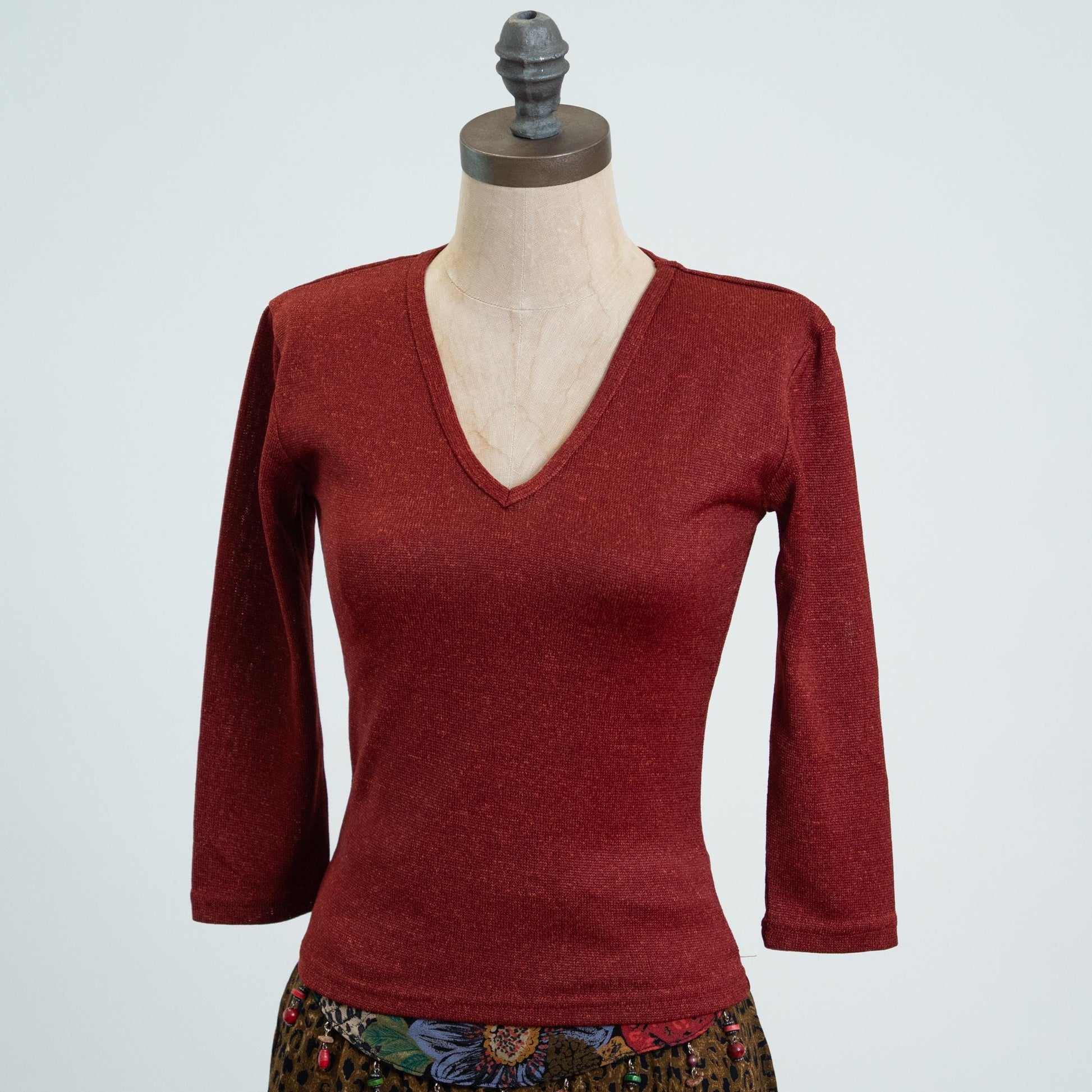 Vintage 90s Oxblood Red Knit 3/4 Sleeve Top - XS to Small