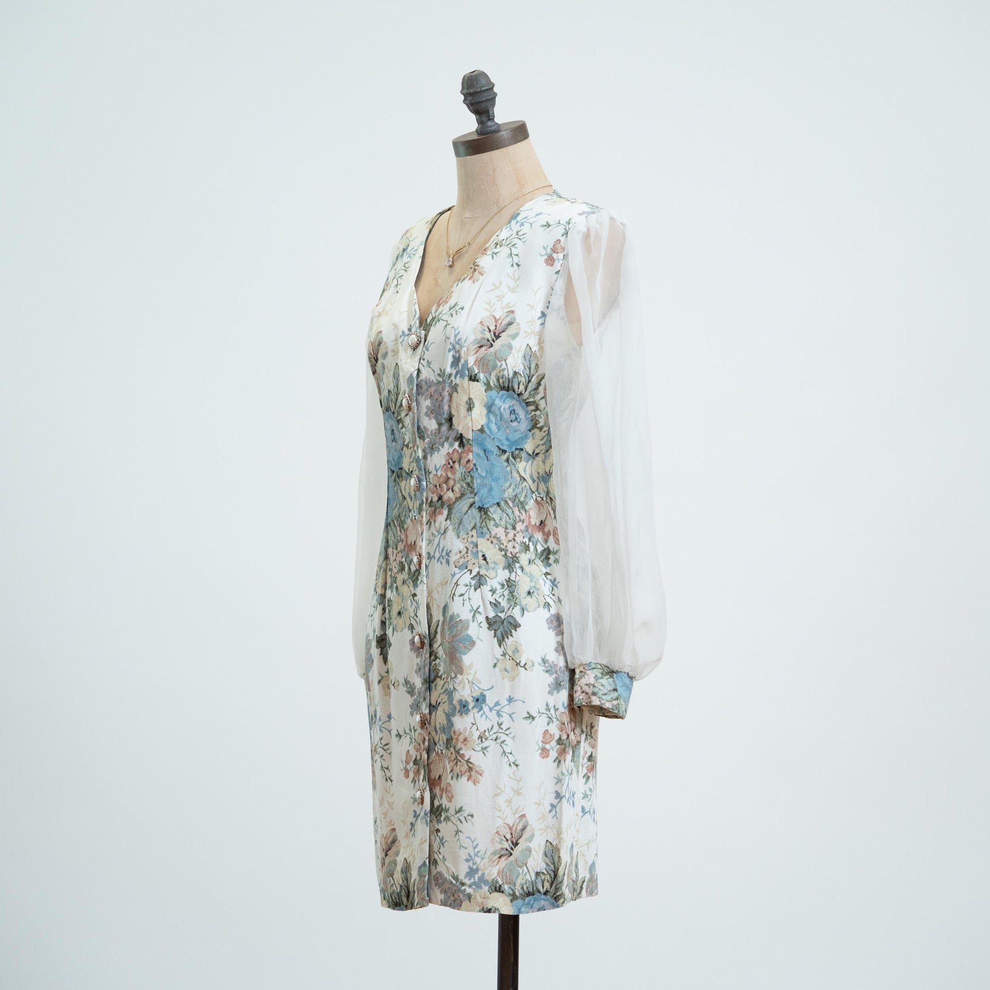 Vintage 80s Soft Look Floral Tapestry Sheer Sleeve Mini Dress - Extra Small