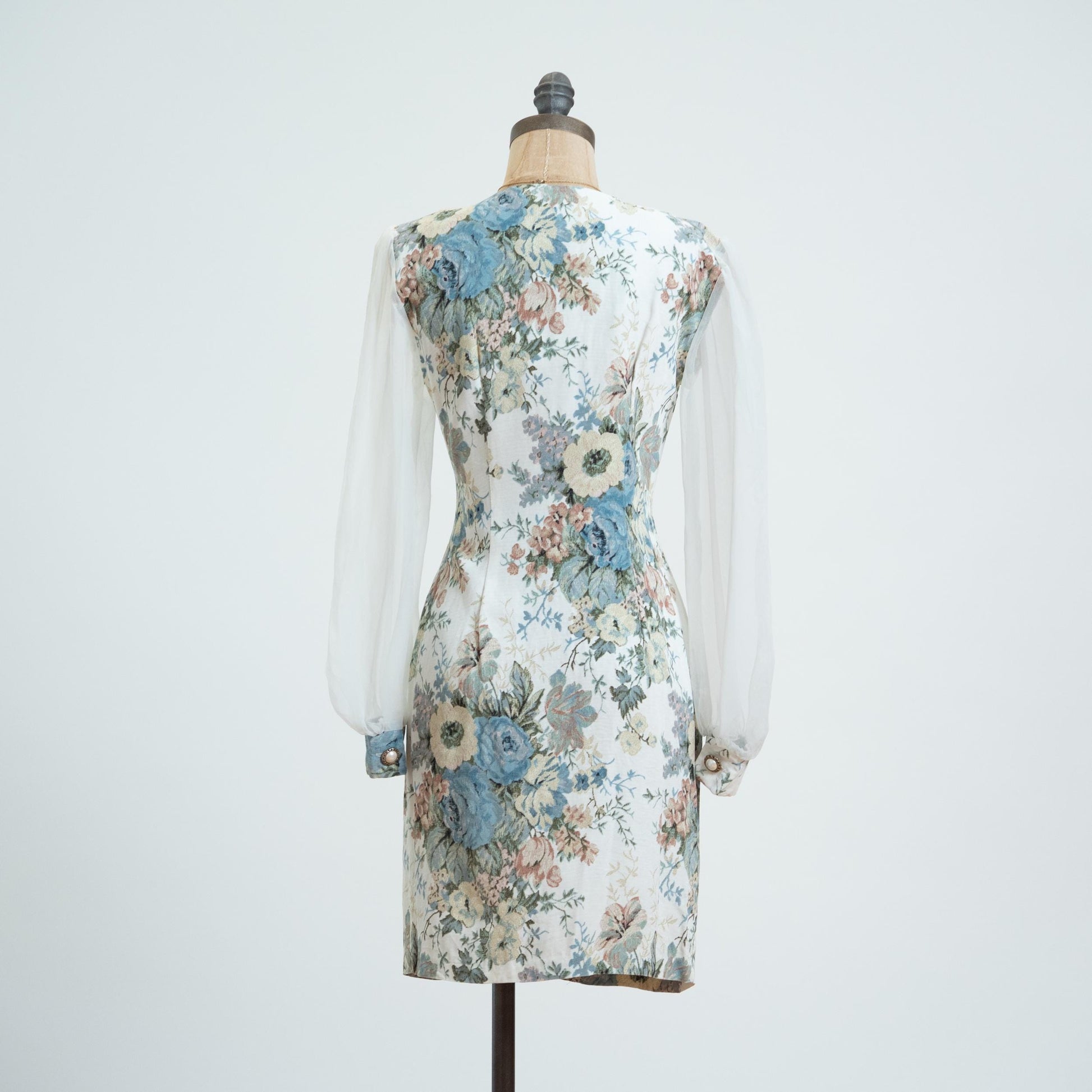 Vintage 80s Soft Look Floral Tapestry Sheer Sleeve Mini Dress - Extra Small
