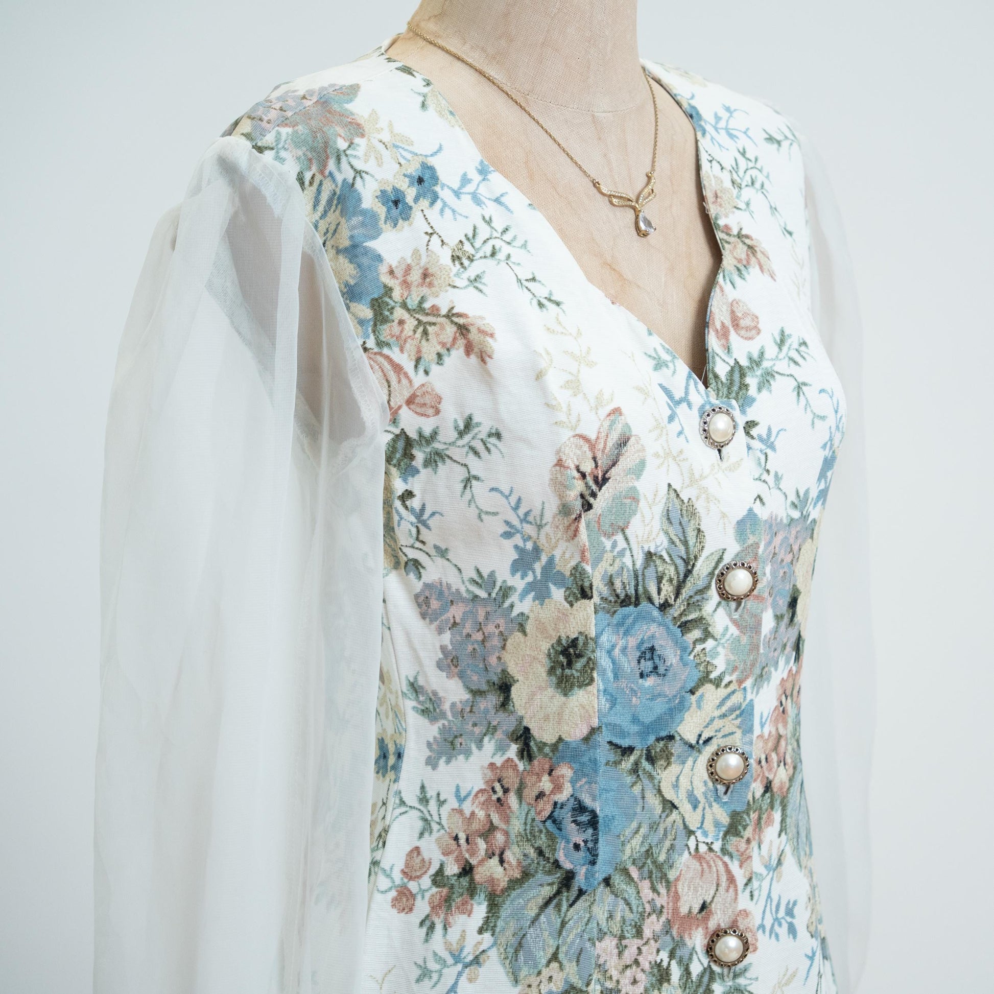 Vintage 80s Soft Look Floral Tapestry Sheer Sleeve Mini Dress - Extra Small