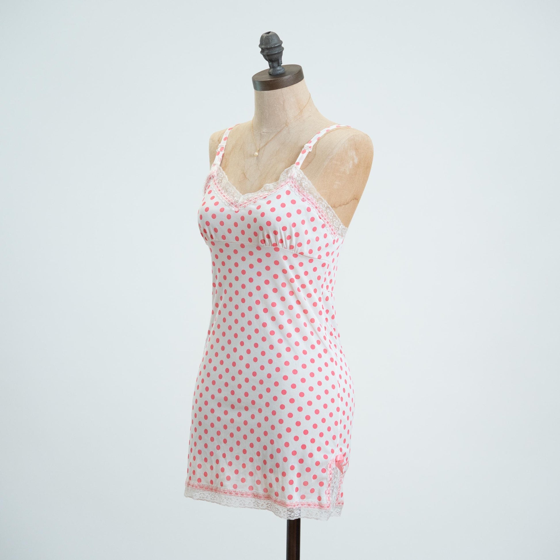 Vintage 70s Pink Polka Dot Mini Slip Dress - Extra Small