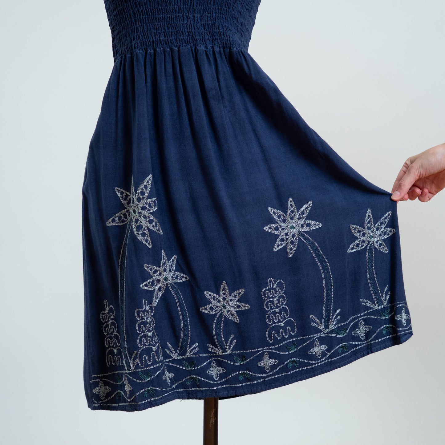 Vintage Y2K Indigo Embroidered Halter Sundress - Medium