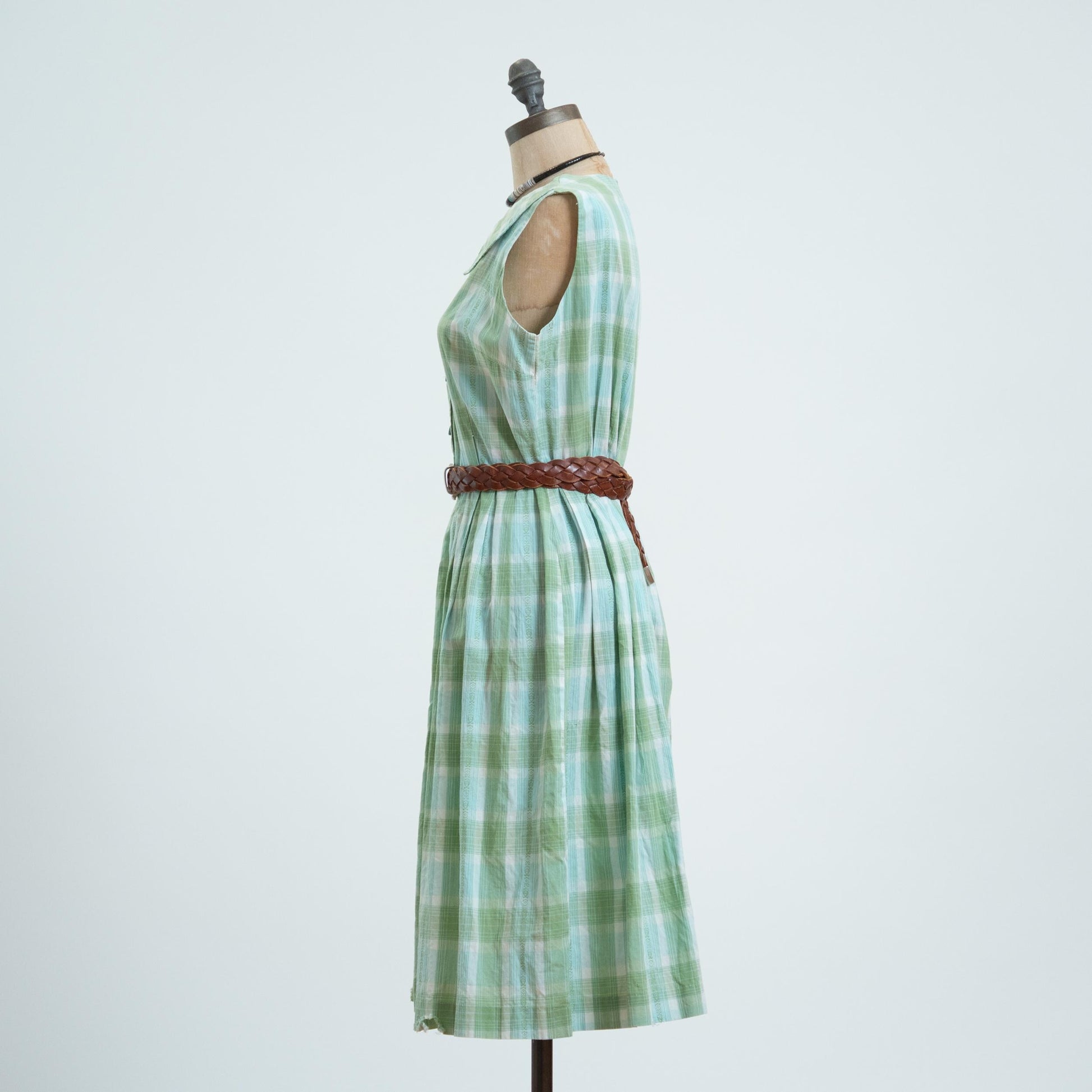 Vintage 50s Green & Blue Plaid Midi Day Dress - Medium to Large