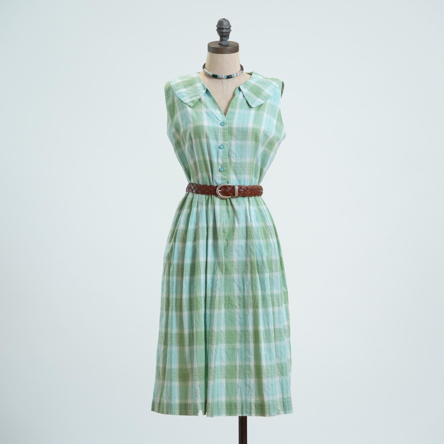 Vintage 50s Green & Blue Plaid Midi Day Dress - Medium to Large