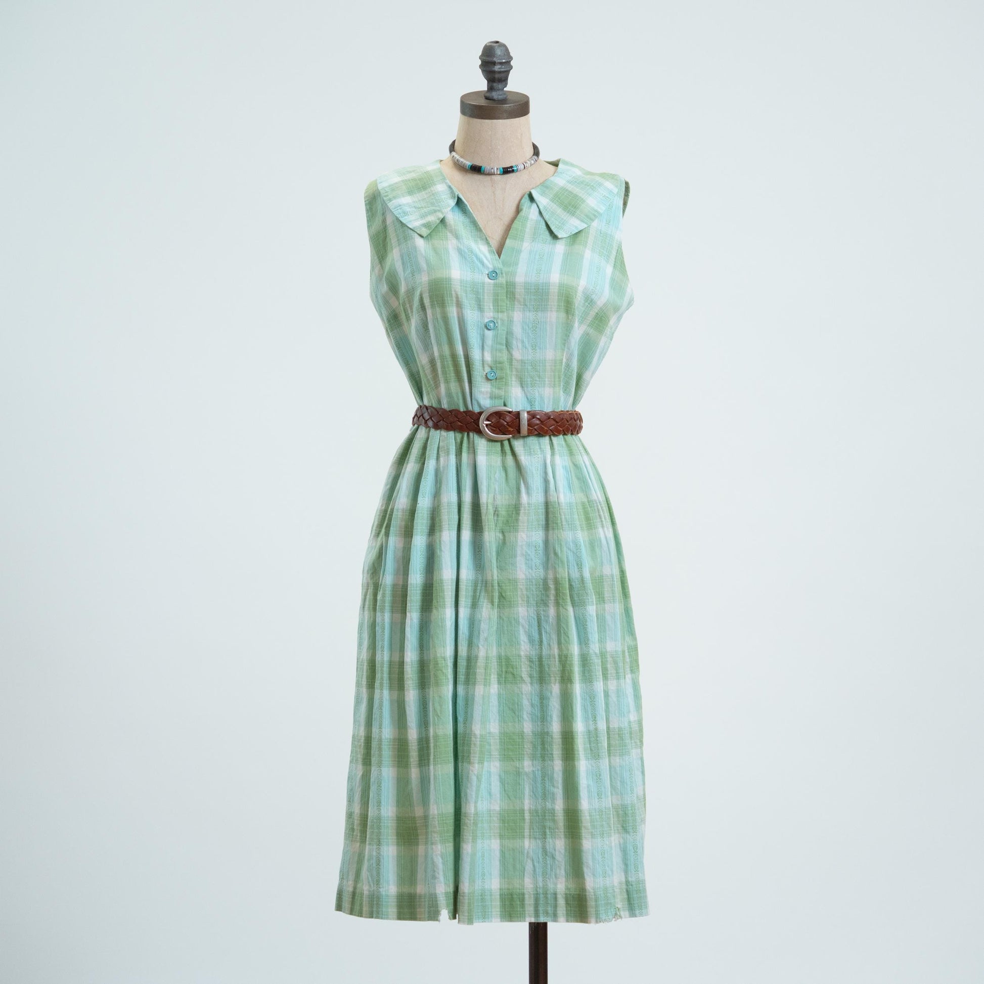 Vintage 50s Green & Blue Plaid Midi Day Dress - Medium to Large