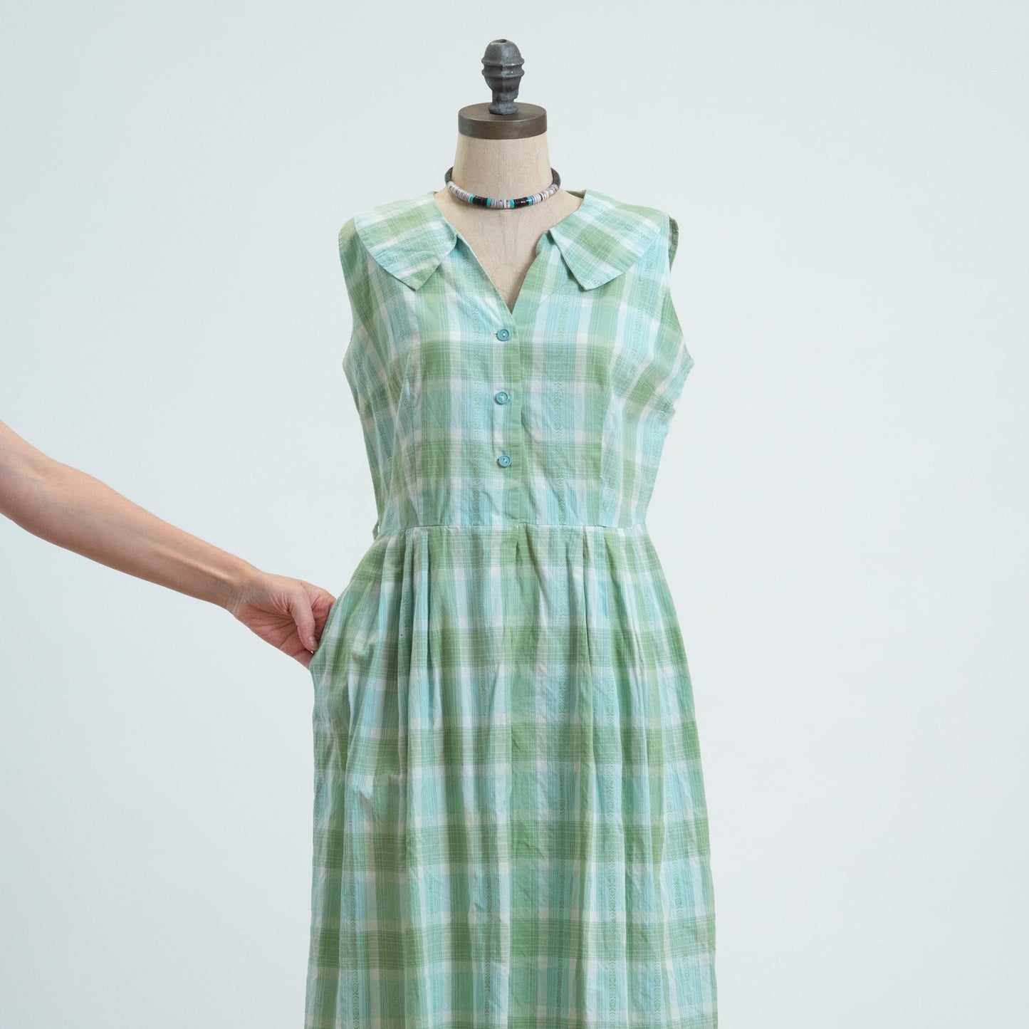 Vintage 50s Green & Blue Plaid Midi Day Dress - Medium to Large