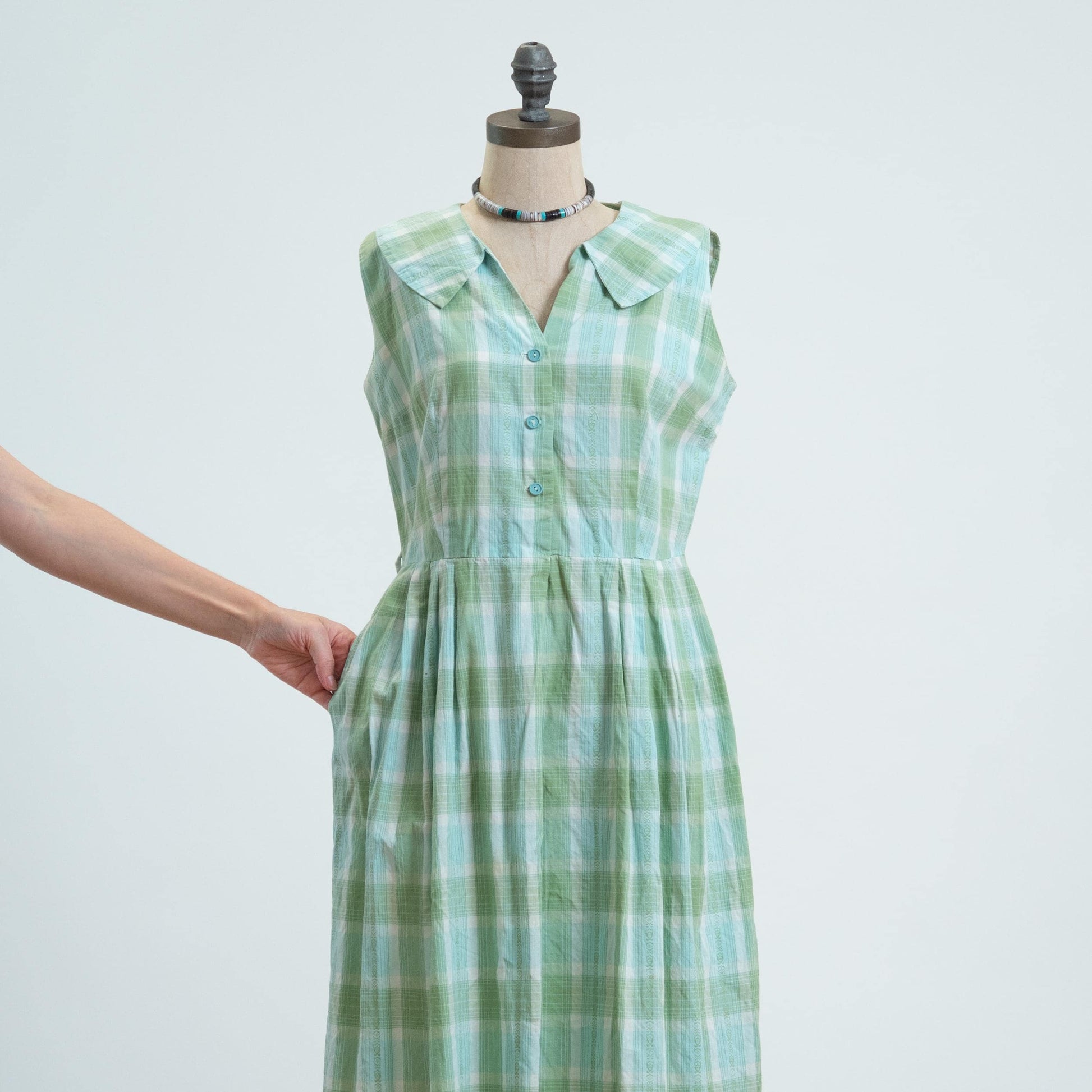 Vintage 50s Green & Blue Plaid Midi Day Dress - Medium to Large